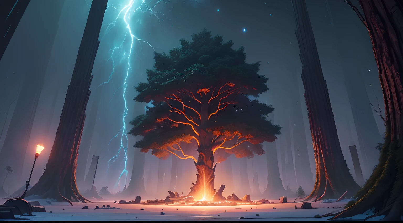  Vikingpunk AI  (Tesla Peng Kai:1.1)  electric snake wrapped around the world tree Yggdrasil,Comes with a Tesla coil  ,  Height Detailed , Complex,  Science Fiction ,  impressive lighting , vibrant colors, Complex detailed background