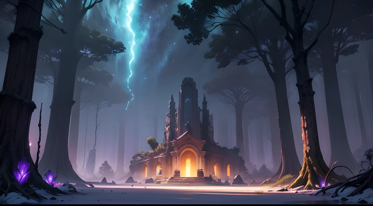 there's concept art for a 2D platformer, forest with trees and traces of an ancient civilization, (ruins) (lua cheia: 1.2), (estrelas cadentes: 0.9), (nebulosa: 1.3), montanha distante , BREAK tree production art, (fonte de luz quente: 1.2), (Firefly: 1.2), lamp, muito roxo e laranja, detalhes complexos, volumetric lighting BREAK (obra-prima: 1.2), (melhor qualidade), 4k, ultradetalhado , (dynamic compositing: 1.4), detalhes coloridos altamente detalhados (cores iridescentes: 1.2), (bright illumination, Atmospheric Illumination), sonhador, magica, (solo: 1.2)