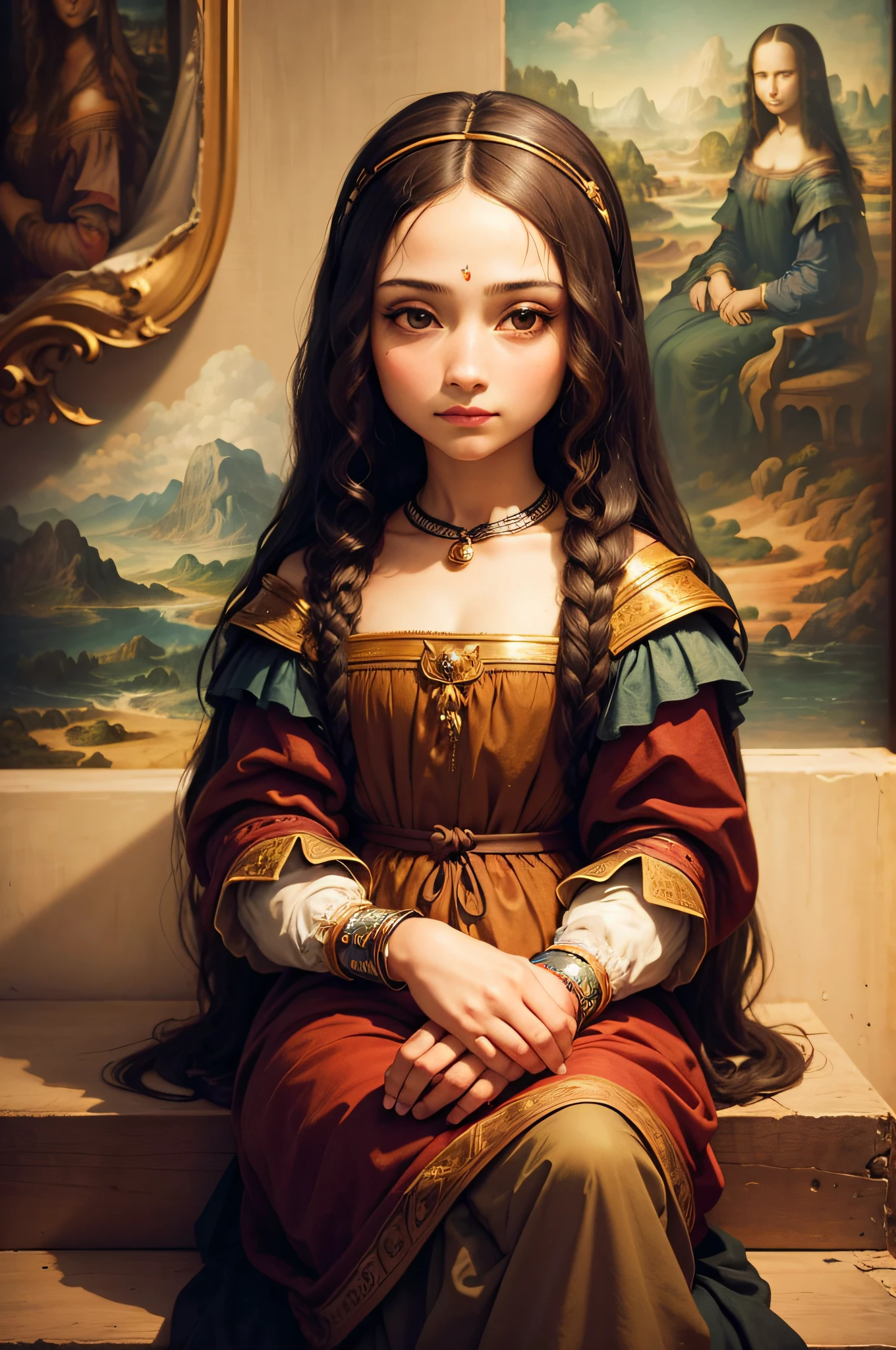 I just want a character in the picture, cabelo escuro, sitting in the same position as the Mona Lisa