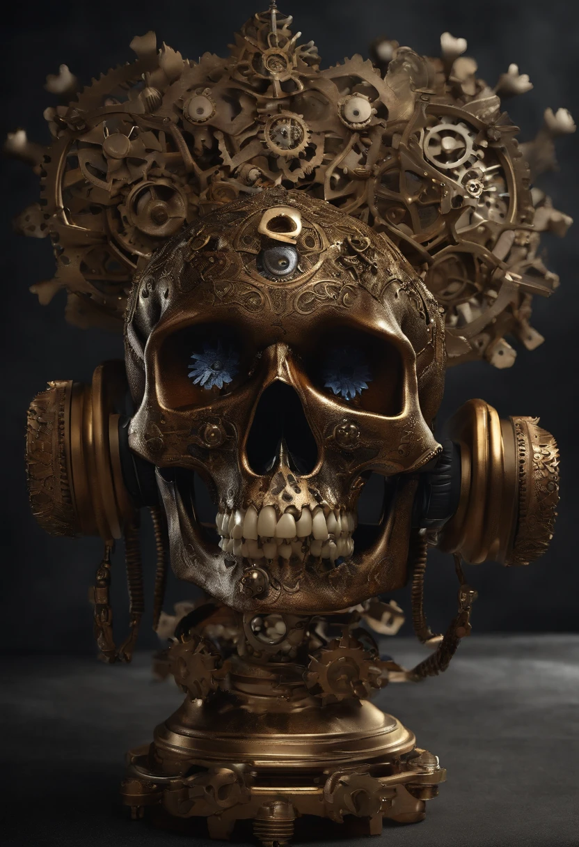 "rusty and metal skull, with an ostentatious crown on his head, ((( intricate details ))), ((( gears and bolts ))), ((( bullets as teeth ))), ornated with lapus lazuli, segurando um smartphone moderno com uma tela brilhante, using state-of-the-art headphones."