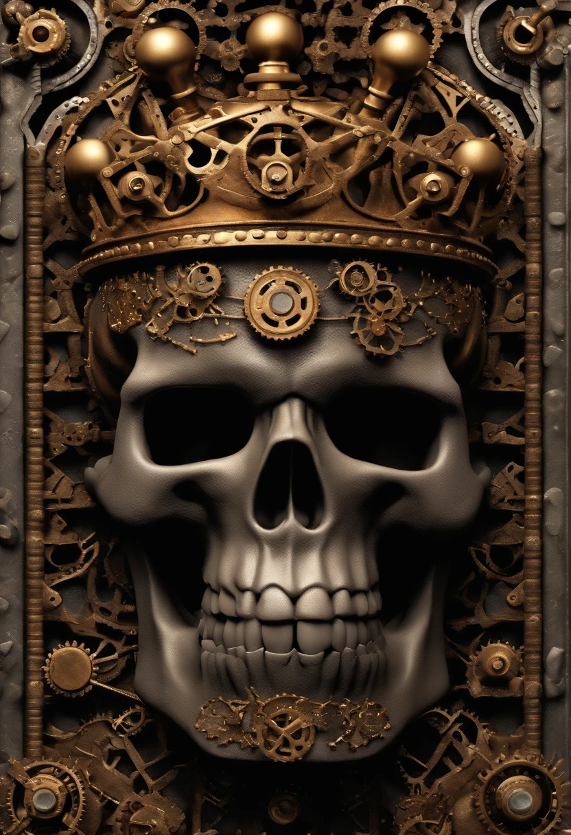 "rusty and metal skull, with an ostentatious crown on his head, ((( intricate details ))), ((( gears and bolts ))), ((( bullets as teeth ))), ornated with lapus lazuli, segurando um smartphone moderno com uma tela brilhante, using state-of-the-art headphones."