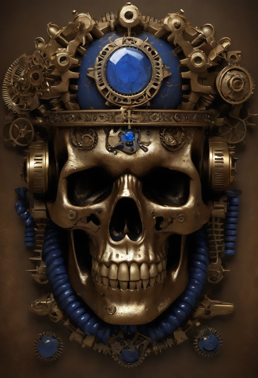 "rusty and metal skull, with an ostentatious crown on his head, ((( intricate details ))), ((( gears and bolts ))), ((( bullets as teeth ))), ornated with lapus lazuli, segurando um smartphone moderno com uma tela brilhante, using state-of-the-art headphones."
