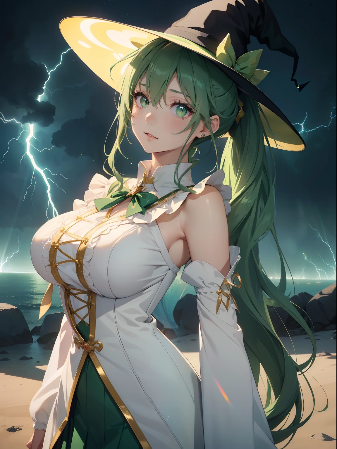 masutepiece, High resolution, 8K, anime woman, Delicate and detailed writing 、Detailed digital illustration、absurdly long hair、(((Ponytail)))、Shiny hair、a very beautiful woman、Eyes are double, Large,Little hanging eyes、 Bust E Cup、High image quality, High quality、Detailed background、((Wizard Background))、The inside of the eye shines like a diamond、(((Dark green hair)))、Gradient pupil、(((2 arms、4 fingers, 1 thumb)))、Detailed female face、a very beautiful woman、、细致背景、​masterpiece、Soft Focus , Bright gradient watercolor , Lens Flare , (((Glitter))) , Glow , Dreamy ,a miniskirt、Idol、Light Green Ribbon、Very beautiful light green rose hair accessories、Light green and gold costume with white as the main color、((Macroface))、(Cool Girl).Tall lady、Dignified.((No bangs))、(((Witch)))、holding a magic wand、Thunder background、Witch Hat、(((Lightning)))