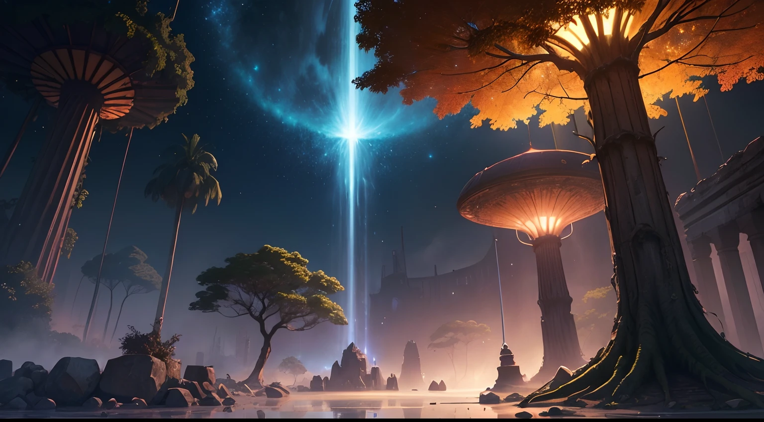 there's concept art for a 2D platformer, forest with trees and traces of an ancient civilization, (ruins) (lua cheia: 1.2), (estrelas cadentes: 0.9), (nebulosa: 1.3),  BREAK tree production art, (fonte de luz quente: 1.2), (Firefly: 1.2), lamp, muito roxo e laranja, detalhes complexos, volumetric lighting BREAK (obra-prima: 1.2), (melhor qualidade), 4k, ultradetalhado , (dynamic compositing: 1.4), detalhes coloridos altamente detalhados (cores iridescentes: 1.2), (bright illumination, Atmospheric Illumination), sonhador, magica, (solo: 1.2)