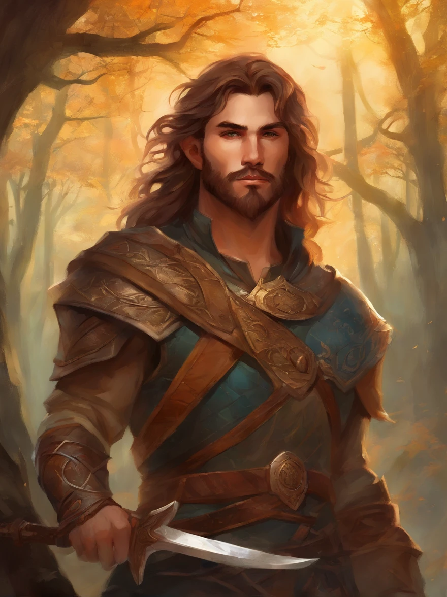 dungeons and dragons portrait, World of Swords and Magic, young male fantasy ranger,  wearing woodland leather armor,  wielding a short sword and a hatchet,  with long brown hair and short shadow beard