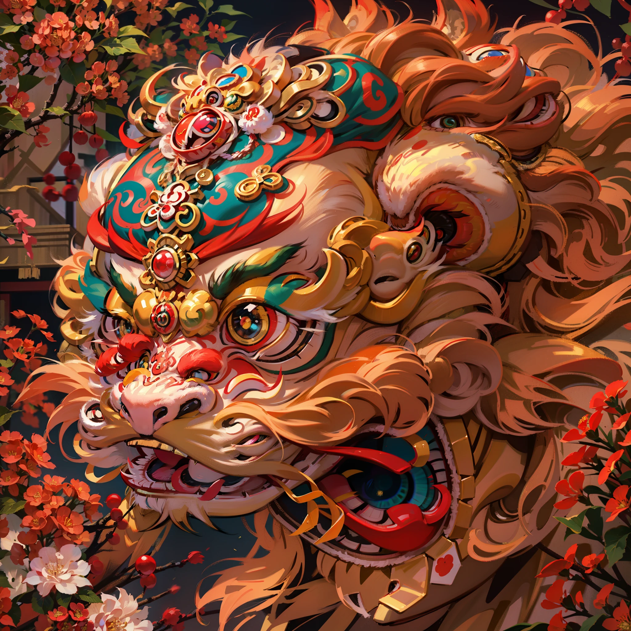 (Best picture quality, 4k,8k, high quality, masterpiece :1.2), super detail, (realistic, realistic, realistic :1.37), in the New Year festival, traditional lion dance performance, (a girl holding red gold thread hydrangea:1.3), a powerful lion dance, constantly blinking eyes and shaking head, girl and lion dance, lion head beautifully made, red jewel eyes, Blue jewel forehead decoration, ornate and luxurious lion head artwork, Chinese elements, traditional cultural background, traditional craftsmanship, exquisite handcrafting, opulent, majestic, sparkling gemstones, lifelike details, bright colors, shiny polished surfaces, decorative pieces, East Asian heritage, cultural heritage, antiques, bronze sculptures, symbols of power and strength, traditional lion dance, Eye-catching center, sophisticated design, authentic presentation, impressive craftsmanship.