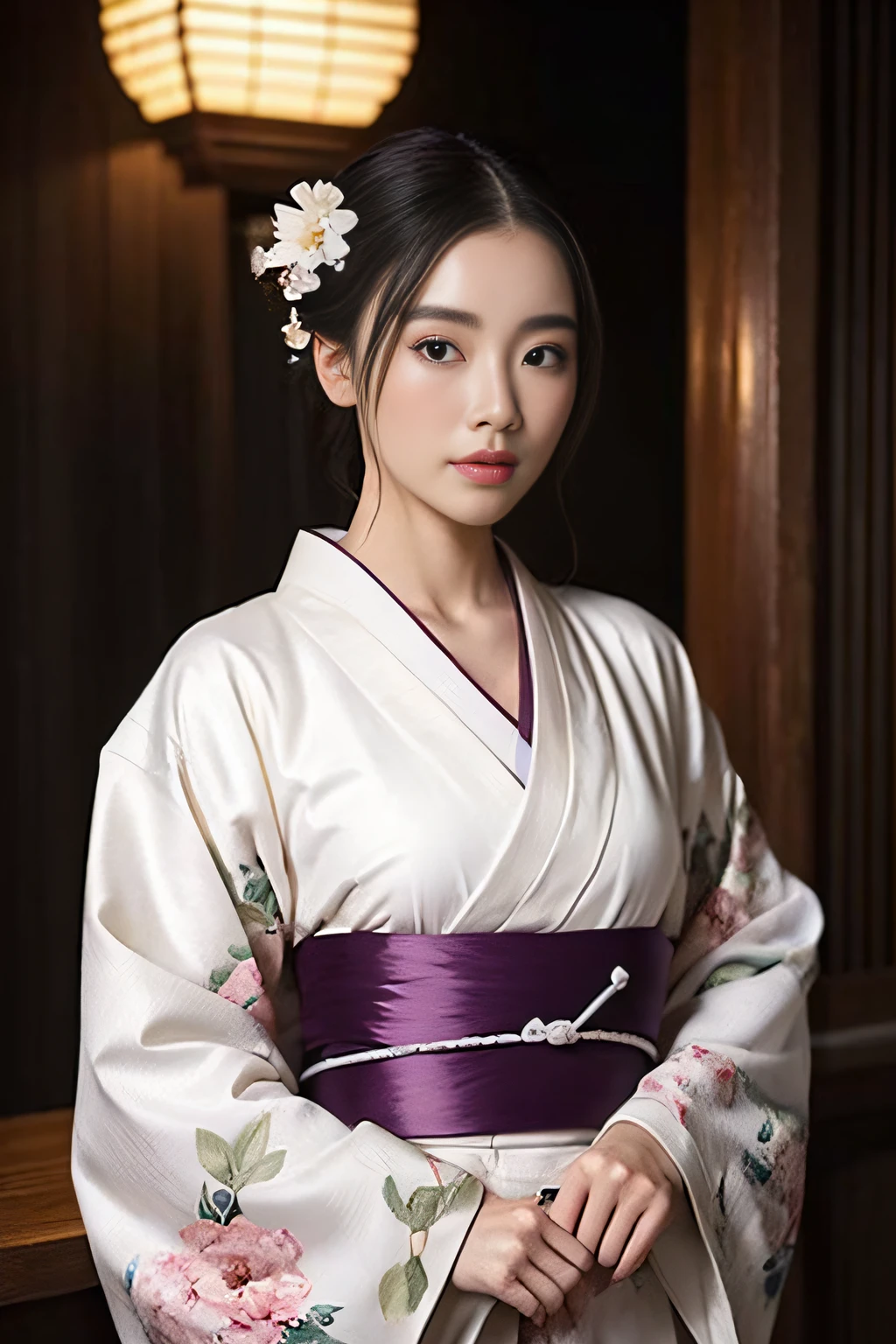 (1girl in:1.3),独奏,A Japanese Lady、Idle face、cute little、body-parts, Official Art、Unity 16k壁紙、(The chest is open、The kimono shifts and the shoulders are visible.,Beautiful skin、Beautiful body、Beautiful limbs)、ultra-detailliert、Beautifully Aesthetic、Beautiful fece、(masterpiece、top-quality)、 kimono、Silk robes、Origami spells、elegance、Disturbed、Bust top、The kimono is up to the waist.、Hiding the chest with hands、Dimly lit mansion,The smell of Eros、Professional filming、