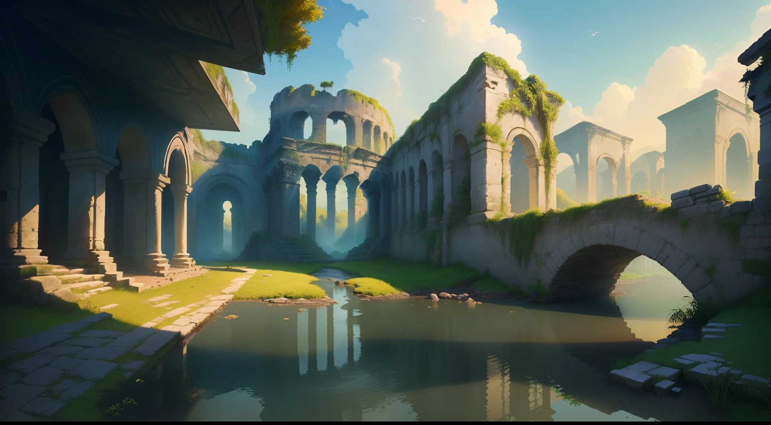 There is a small bridge that is passing over a small river, Arte de fundo, arte conceitual estilizada, ancient ruins background, pintado como uma arte conceitual de jogo, ruins landscape, arte conceitual do jogo indie, Design de ambiente de jogo 2D, scenery game concept art, Fey Ruins, Arte conceitual 2D, arte de fundo, arte conceitual do jogo, Meio Ambiente Arte, arte conceitual ambiental
