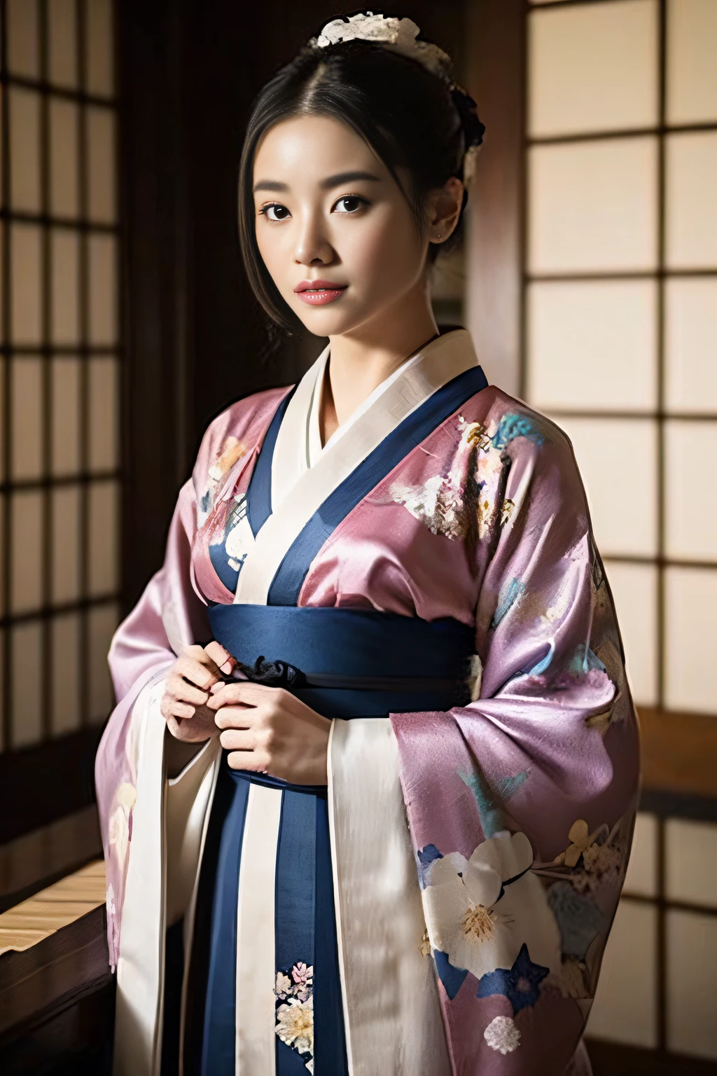 (1girl in:1.3),独奏,A Japanese Lady、Idle face、cute little、body-parts, Official Art、Unity 16k壁紙、(The chest is open、The kimono shifts and the shoulders are visible.,Beautiful skin、Beautiful body、Beautiful limbs)、ultra-detailliert、Beautifully Aesthetic、Beautiful fece、(masterpiece、top-quality)、 kimono、Silk robes、Origami spells、elegance、Disturbed、Bust top、The kimono is up to the waist.、Hiding the chest with hands、Dimly lit mansion,The smell of Eros、Professional filming、