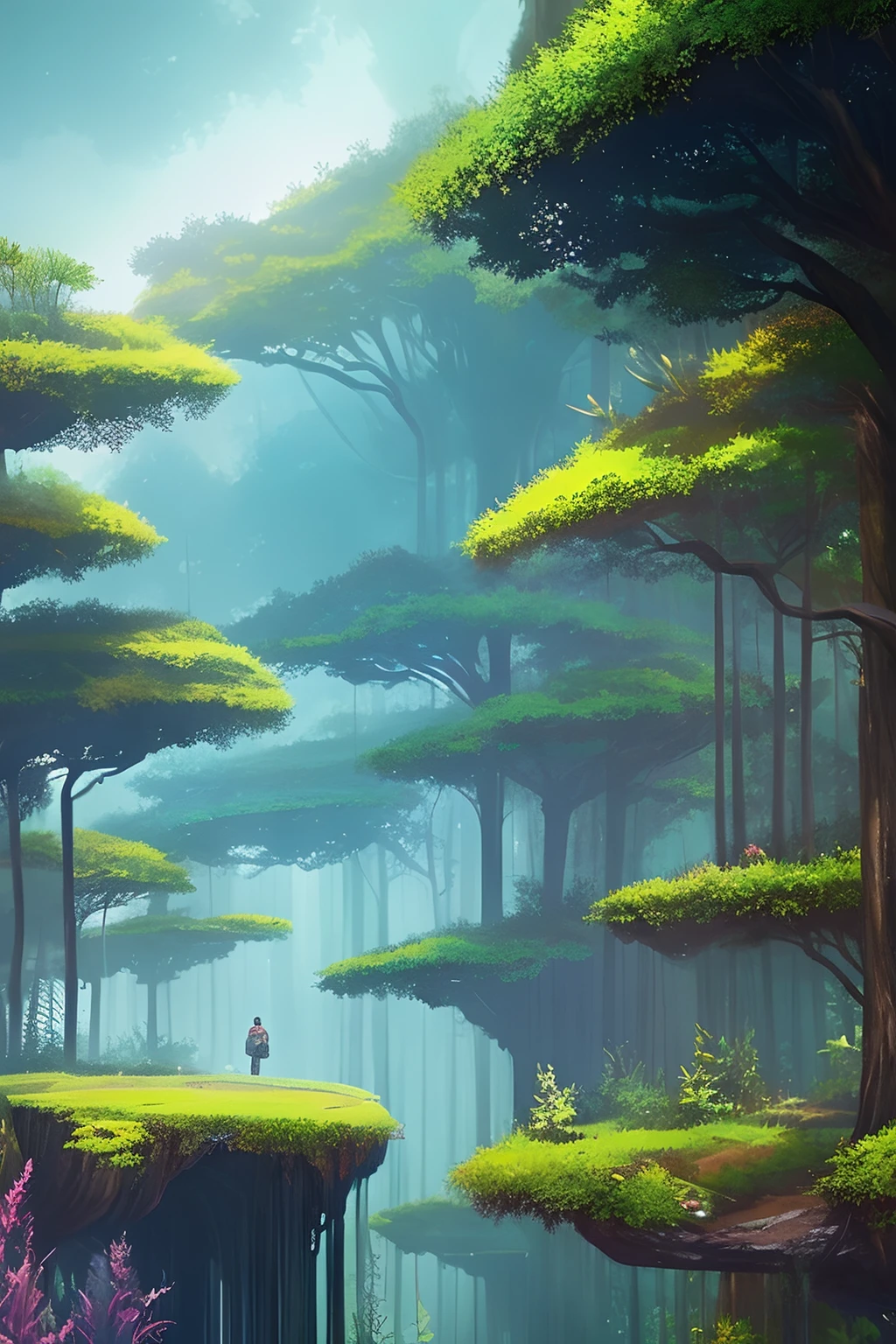 There is a horizontal landscape of a mystical forest in a concept art for a 2D game, arte conceitual, paisagem horizonal, jogo de plataforma 2d, plataformas :1.2, (obra prima)(Ultra realista),(melhor qualidade),(simetria perfeita:1.3)