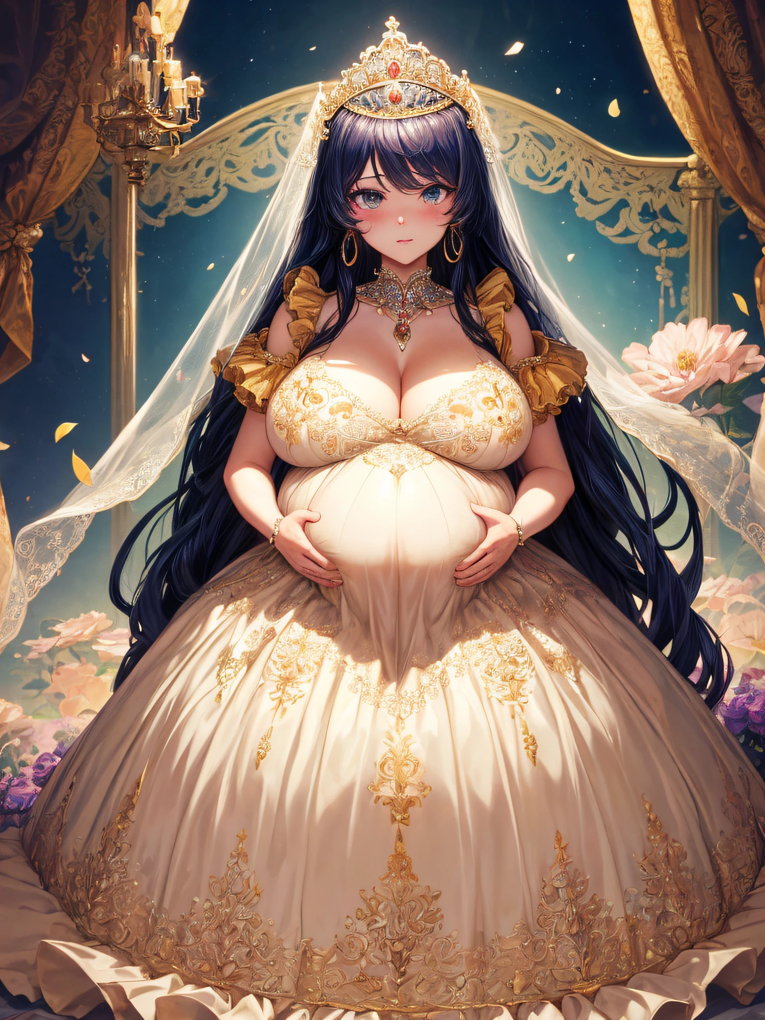 (masterpiece, best quality,extremely detailed:1.1),(moe anime art style:1.2),1girl,((full body,focus face)),((solo)), cute, kawaii,digital art,((1 bling-bling pregnant princess wearing beautiful embroidery and jeweled gorgeous rococo ballgown with jeweled voluminous full length hoop skirt)),(((heavily pregnant))),very big pregnant belly,((crinoline)),long train,voluminous frills,See-through,(gorgeous embroidery and beautiful lace),((very gigantic boobs,skindentation)),cleavage,shiny hair,(((very long hair,very long straight hair))),((embarrassed)),anguish,((finely detailed face and eyes)),clear pupil,extremely gorgeousfull hair ornament,(bling-bling jeweled extremely gorgeousfull tiara),(bling-bling gorgeous gemstone jewelry),long veil,(beautiful background),fantasy background,flowers,flower petals flowing,full body,((beautiful embroidery and jeweled ruffled gorgeous rococo ballgown with voluminous full length hoop skirt))