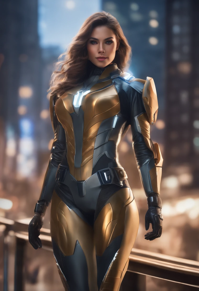 a skinny girl, latin face, suit, smile you can see the teeth, city, space age, wavy hair, full body, very detailed body, very detailed face, shiny skin, detailed_eyebrows, beautiful_eyes, realistic skin, ultra-realistic, sharp and highly detailed focus, 8k, shogun raiden cosplay