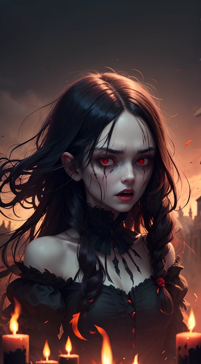 masterpiece, 1600s, (Night Shade), woman witch, character, horror, long black hair, dark, torn dress, she is evil, mad, screaming, yelling, night time, cold, glowing red eyes, outside, village, evil, from hell, mist, fog, falling leafs, fall weather, creepy skull in the sky glowing, floating in the sky, person below, (it's dark), (eyes glowing red), (she is dead), (zombie), (spirit),