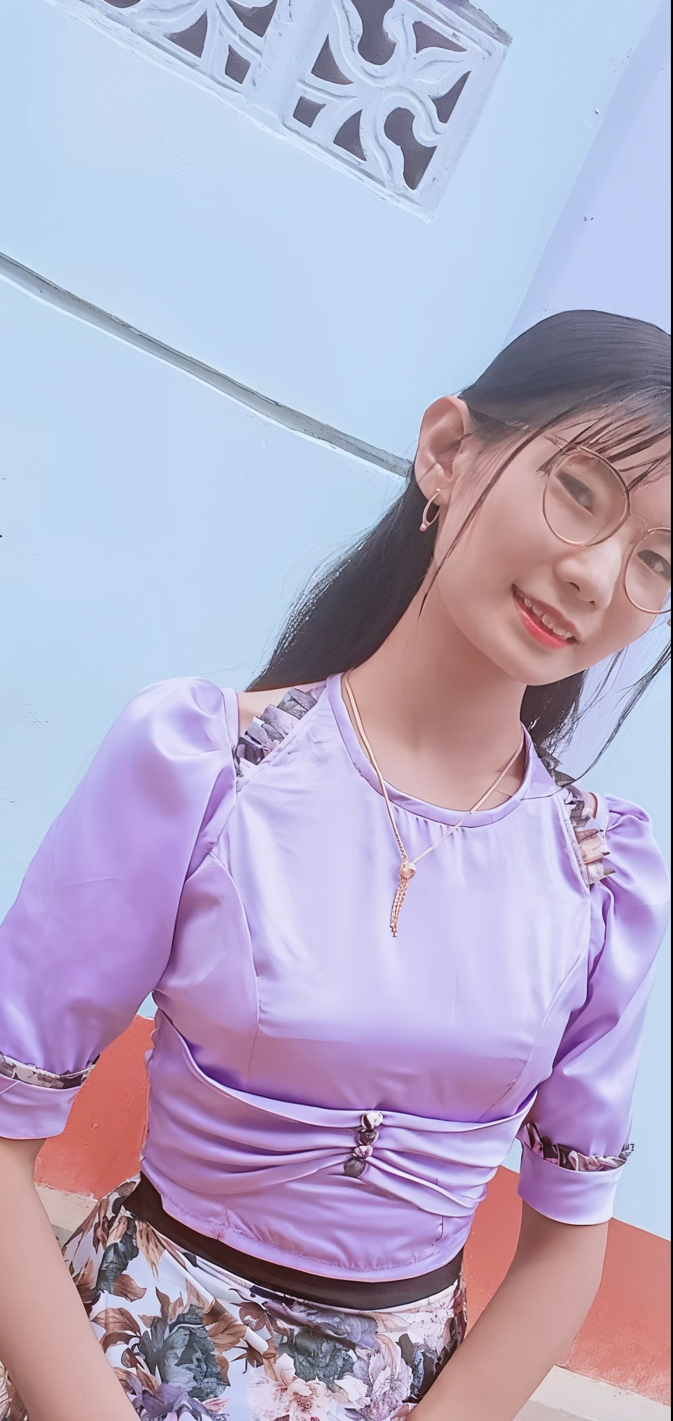 there is a woman standing in front of a building with a purse, dang my linh, satin, purple top, with lovely look, real ungine, nivanh chanthara, ruan cute vtuber, in style of lam manh, mai anh tran, wearing a cute top, leaked image, sakimichan