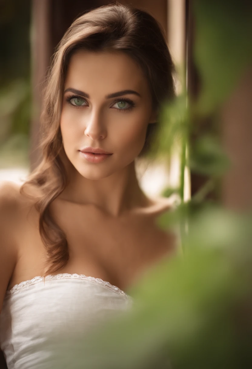 arafed woman wearing a red bra, close up image, sexy girl with green eyes, brown hair and large eyes, bedroom eyes, without makeup, natural makeup, subtle makeup, stunning full body shot, piercing green eyes, beautiful angle, attractive pose, cute girl, sexy pose, full body picture, brunette goddess, high detail