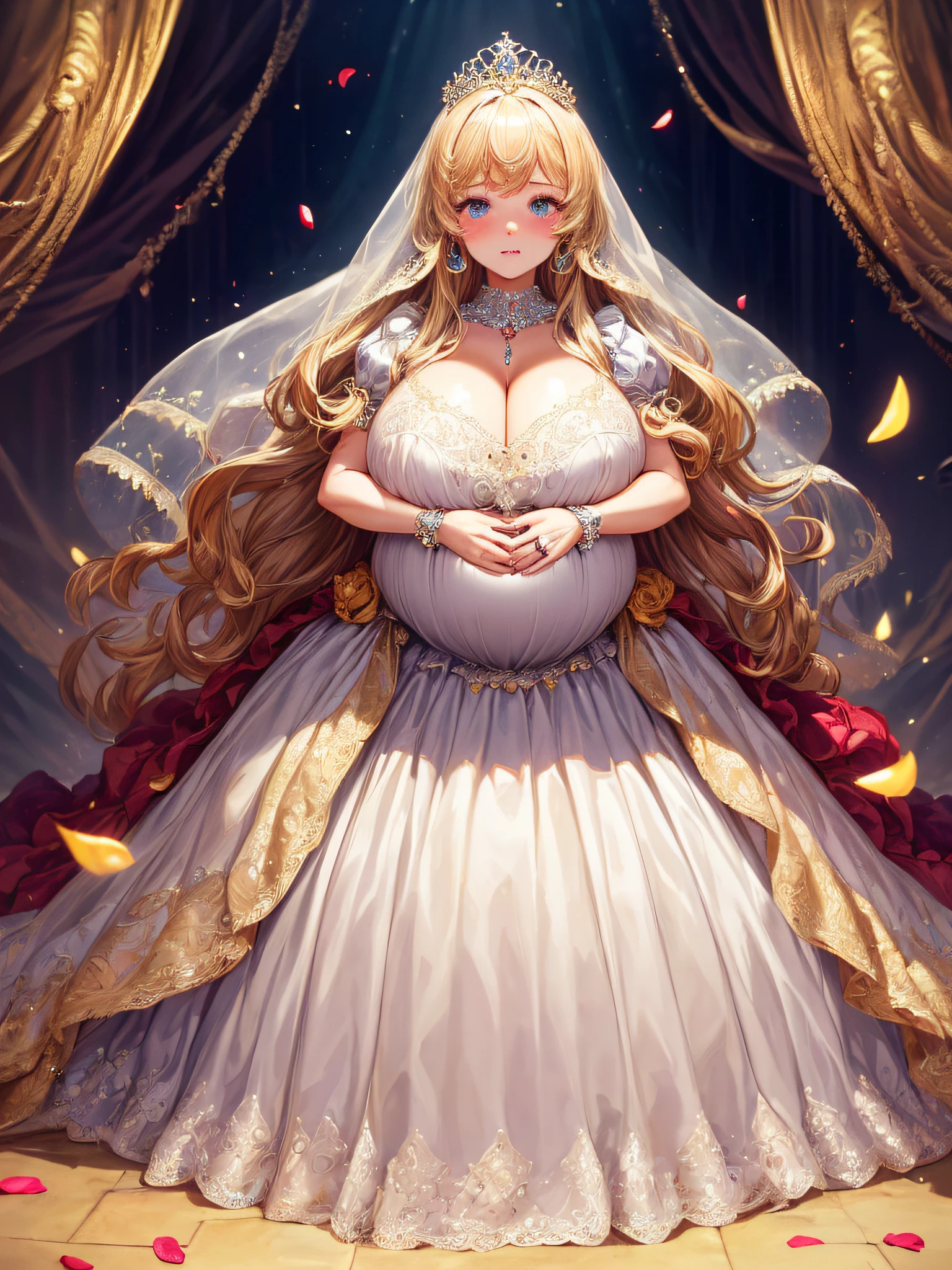 (Highest quality). (Super detailed). (One person), View the viewer. (Detailed Background). Beautiful and fine details. Delicate and beautiful face. (High saturation), Big breasts, Saggy breasts, Seductive wedding dress, whole body, Long legs, (((Huge breasts))),Blonde,antakamaki,pregnancy,smile,Big belly