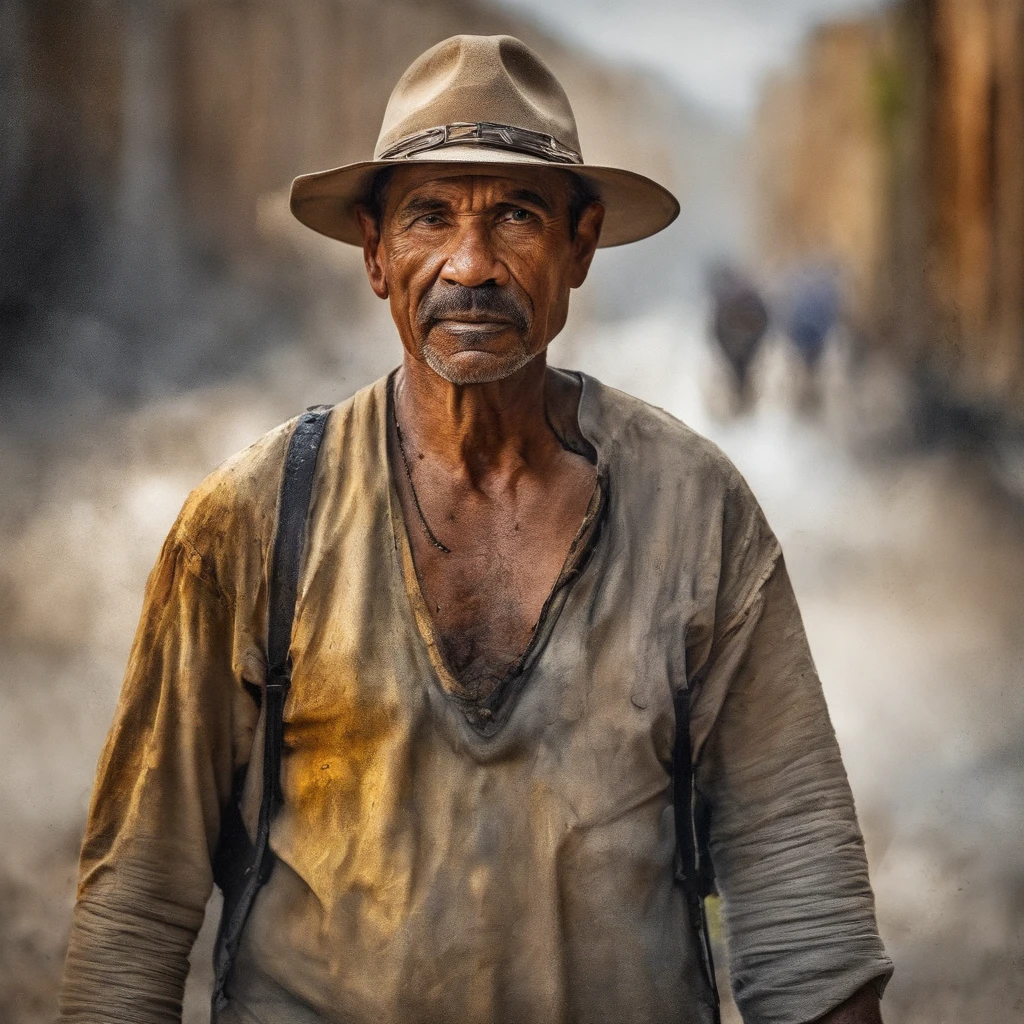 Arafed man in a hat and overalls walking down a street - SeaArt AI