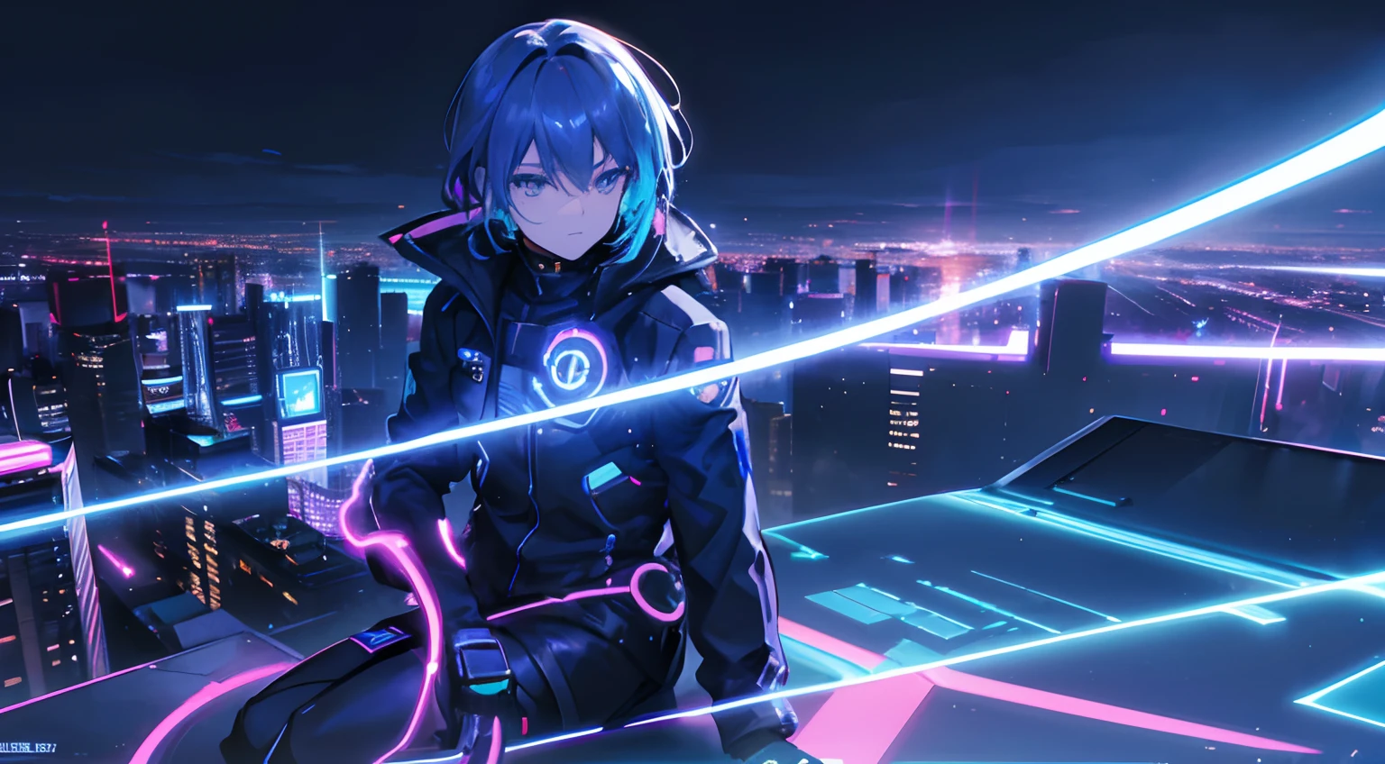 (a boy, young boy, teenage boy, energetic boy) with (electric,electromagnetic) (superpowers,powers,abilities) (crouching,perched,sitting) on the edge of a (building,skyscraper,tower) overlooking a (neon,glimmering,shining) city, with a backdrop of (night time,darkness) (lights,city lights), in (8k,ultra HD,high resolution) (sharp focus,clarity).
Additional details: The boy is wearing a (contemporary,futuristic) outfit with (glowing,illuminated) patterns. He has (sparkling,charged) (blue,electric) eyes and (crackling,electric) energy surrounding his body. The city below is (vibrant,colorful) with (bold,fluorescent) neon lights illuminating the streets. The buildings have a (modern,sleek) architectural design, creating a futuristic atmosphere. The night sky is filled with (twinkling,glittering) stars, adding a touch of magic to the scene. The boy's hair is (wind-blown,flying) in the breeze, adding to the dynamic energy of the composition.
Image quality: (best quality,4k,8k,highres,masterpiece:1.2), ultra-detailed, (realistic,photorealistic,photo-realistic:1.37), HDR, UHD, with (studio lighting,professional lighting), (intense,vivid) colors and (sharp,crisp) focus.
Artistic style: (modern,surreal) concept art, blending elements of (fantasy,sci-fi) and (cyberpunk,futurism).
Color palette: A (dramatic,bold) contrast between (bright,neon) colors and (dark,mysterious) shadows. Vibrant hues of (electric blue,neon pink) dominate the cityscape, while the night sky is filled with deep shades of (midnight blue,purple).
Lighting: (dramatic,striking) contrast between (bright,illuminated) city lights and the surrounding darkness. The boy is partially (highlighted,illuminated) by the glowing neon lights of the city, casting (dynamic,shadowy) reflections on his face and body.
Please be aware that this prompt is for generating images and does not support animation or video.