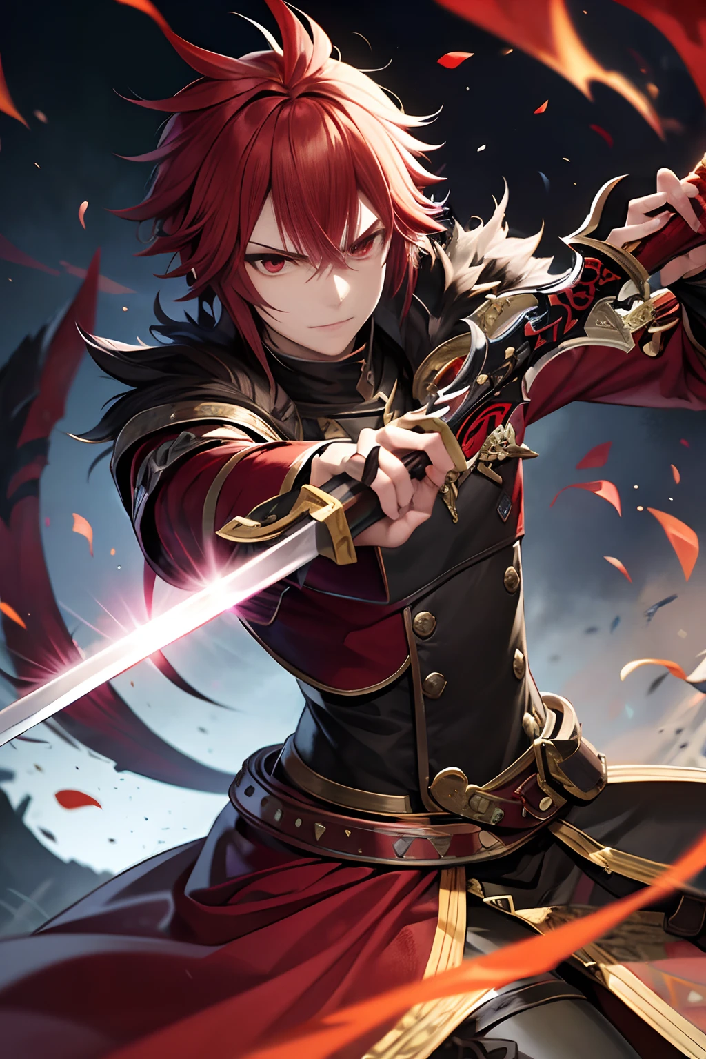 Hair damaged by fire,1 man, Red Eyes, Serious expression, Monster Hunter Style, sword on hand, rowdy, high details