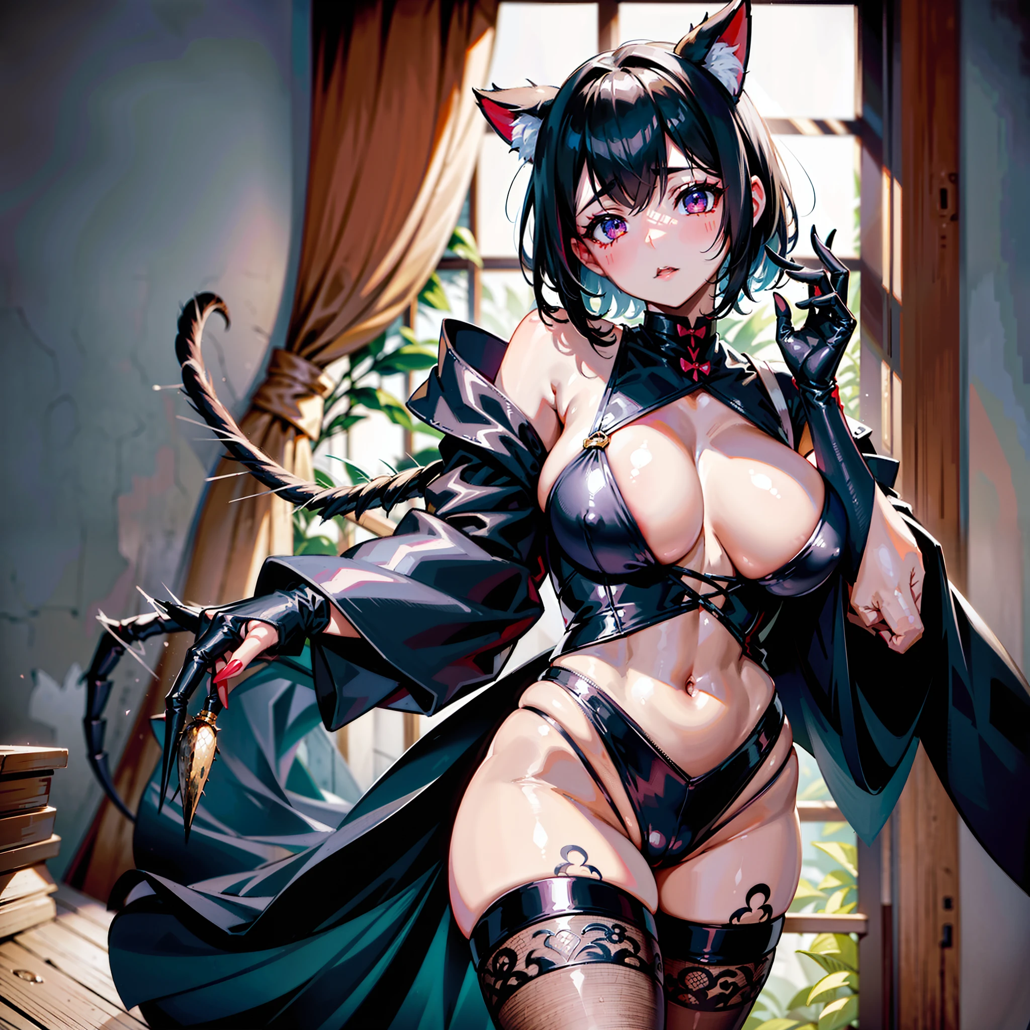 Beautiful girl fused with a spider. Girl in Japanese style maid costume. Female Solo. 1人の女性. Dark fantasy style illustration. she has short hair. ratex. Shining eyes. Spider legs extending from behind her. hiquality. Spider web pattern. Spider web tattoo. monstergirl. Dark indoor. Wooden house.
