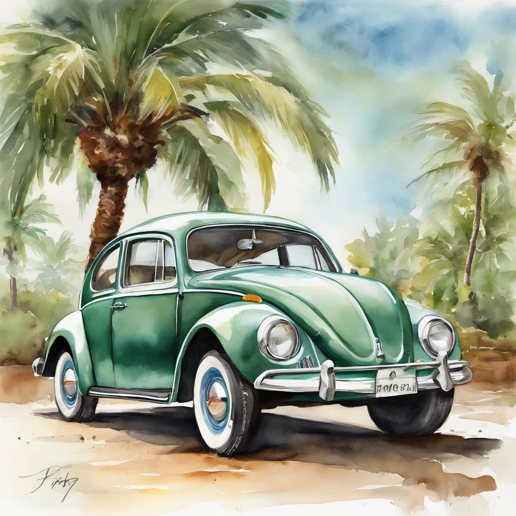 Vista exterior, Un tiro amplio, Un plano amplio y completo, vista frontal, Vista exterior, Disparos interesantes, fuera de una casa, visto desde el exterior, Plano ancho medio, Front view, Adobe Illustrator, Imagen vectorial de un coche verde claro, modelo Volkswagen Beetle 1950, Coche proporcional a la zona , Coche en el centro de la imagen sin cortes, frente a una playa en el Caribe, con palmeras, Edificios antiguos de La Habana, ::n_baja calidad, dollface, anime, imperfecto, texto, firma.