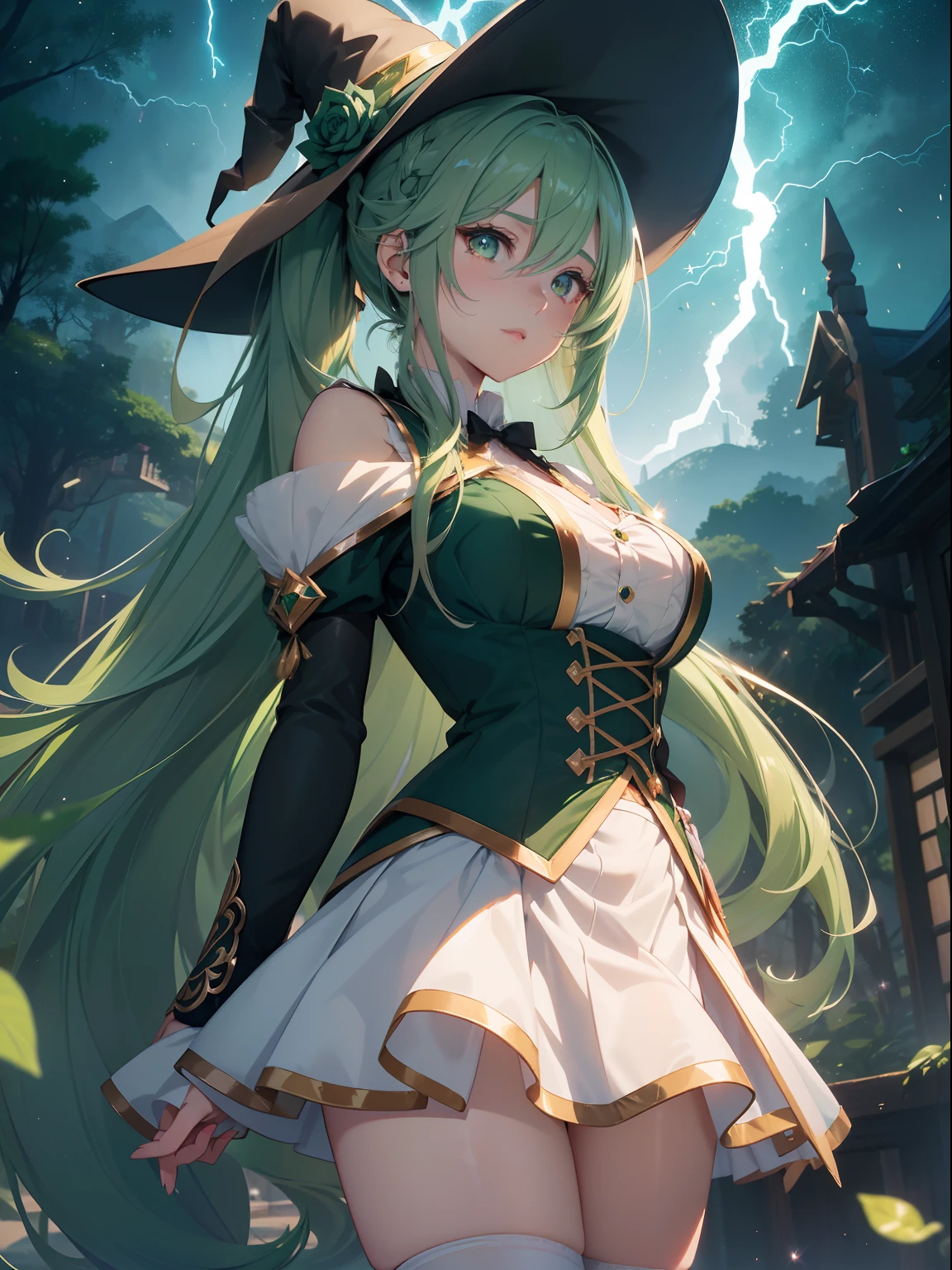 masutepiece, High resolution, 8K, anime woman, Delicate and detailed writing 、Detailed digital illustration、absurdly long hair、(((Ponytail)))、Shiny hair、a very beautiful woman、Eyes are double, Large,Little hanging eyes、 Bust E Cup、High image quality, High quality、Detailed background、((Wizard Background))、The inside of the eye shines like a diamond、(((Dark green hair)))、Gradient pupil、(((2 arms、4 fingers, 1 thumb)))、Detailed female face、a very beautiful woman、、细致背景、masterpiece、Soft Focus , Bright gradient watercolor , Lens Flare , (((Glitter))) , Glow , Dreamy ,a miniskirt、Idol、Light Green Ribbon、Very beautiful light green rose hair accessories、Light green and gold costume with white as the main color、((Macroface))、(Cool Girl).Tall lady、Dignified.((No bangs))、(((Witch)))、holding a magic wand、Thunder background、Witch Hat、(((Lightning)))