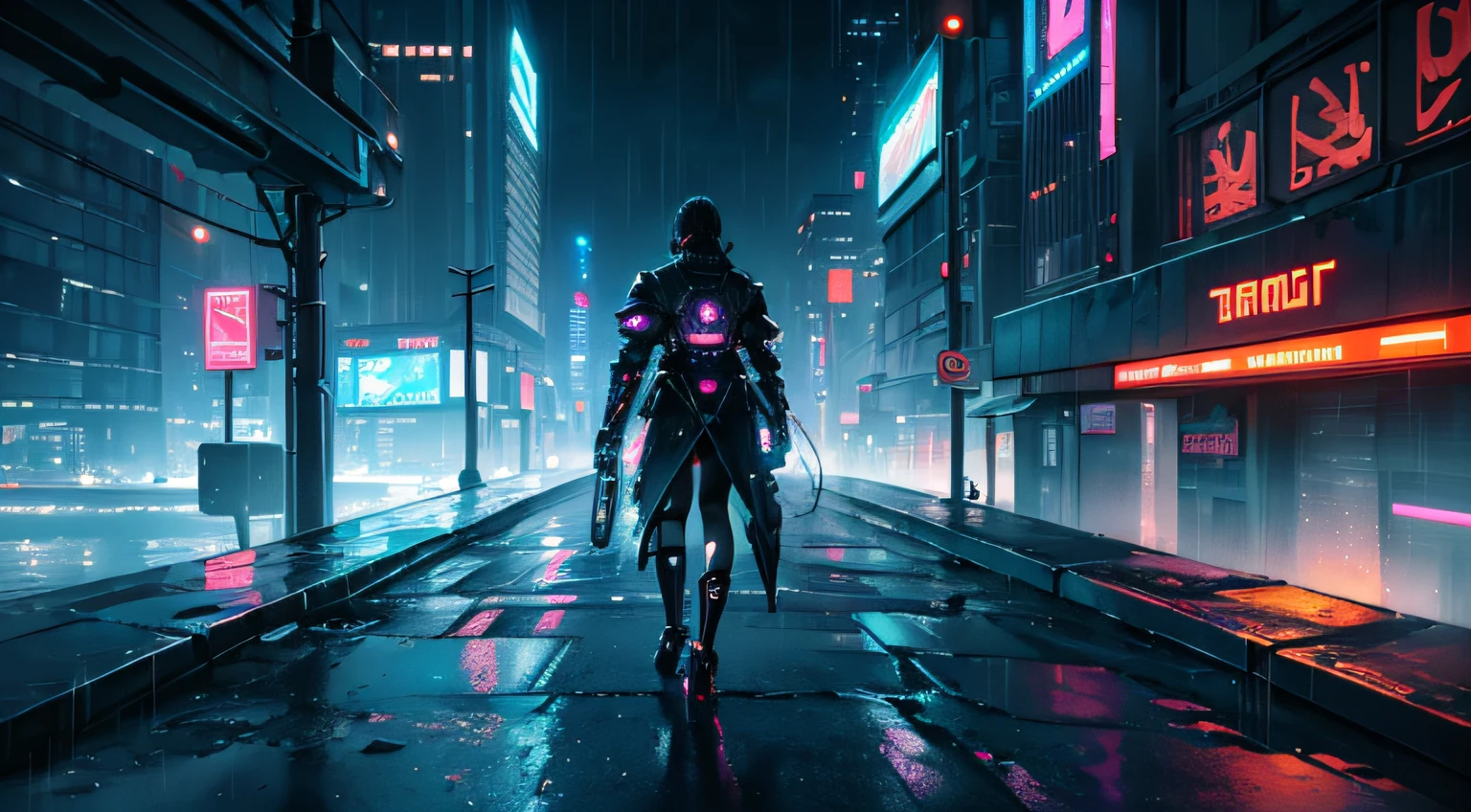 best quality, ultra-detailed, realistic, dark and mysterious atmosphere, futuristic cyberpunk, vibrant colors, electrifying sparks, glowing neon signs, rain-soaked streets, towering skyscrapers, futuristic technology, intense and dynamic pose, lightning bolts, high-voltage energy, intense expression, stormy clouds, cinematic composition