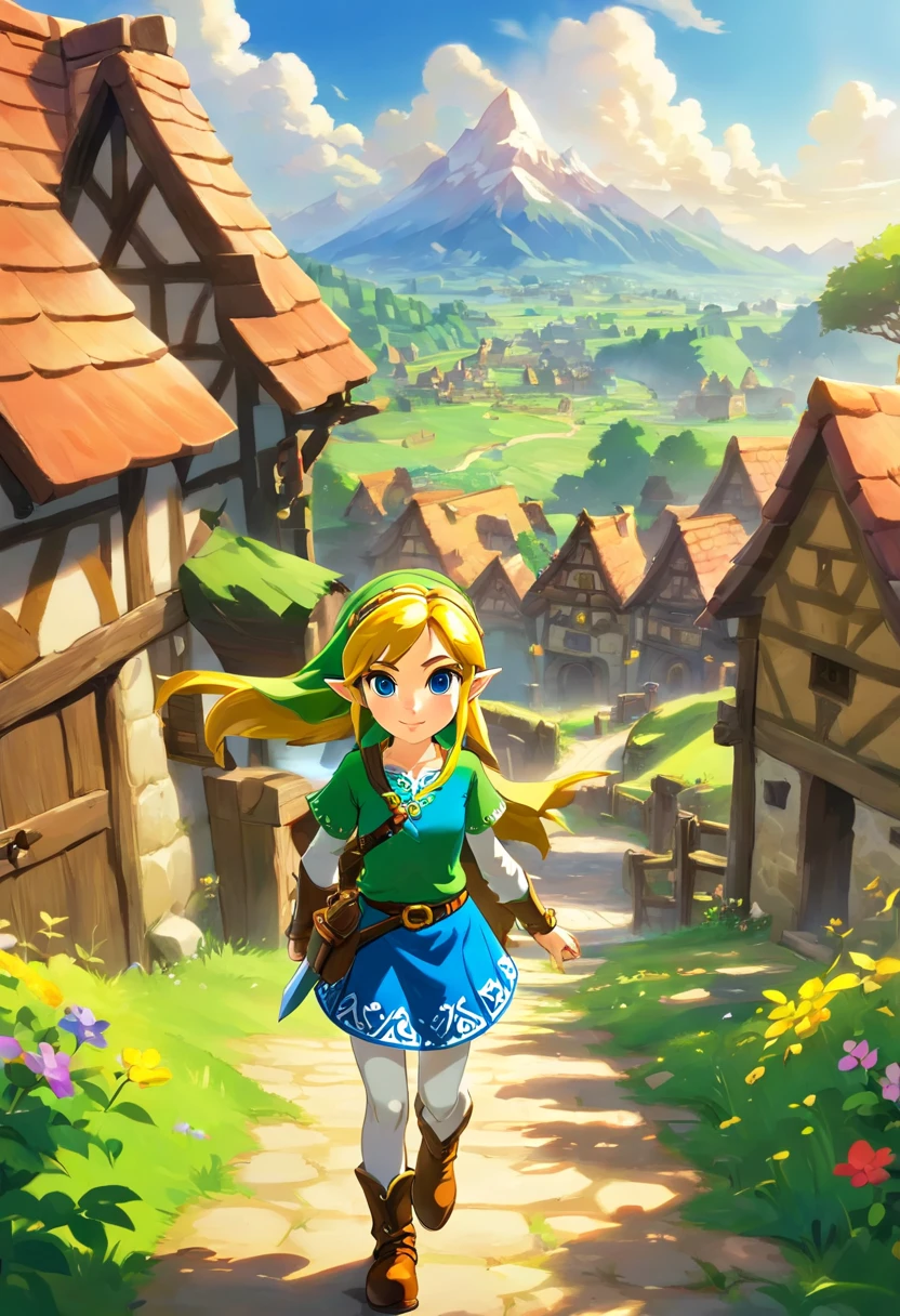 open village, (masterpiece art drawing, 1 girl 8 years old, happy excitement, (detailed enhanced animation), school outfit. (detailed masterpiece), birds (realistic), sunlight, clouds, open street.