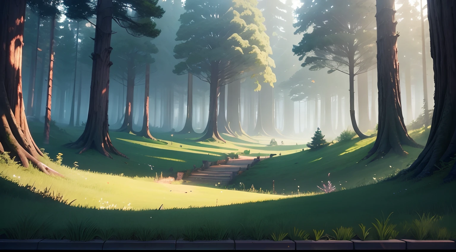 There is a horizontal landscape of a mystical forest in a concept art for a 2D game, arte conceitual, paisagem horizonal, jogo de plataforma 2d, plataformas :1.2, (obra prima),(melhor qualidade),(simetria perfeita:1.3), 8k, luz dinamica, sombras dinamicas, videogame
