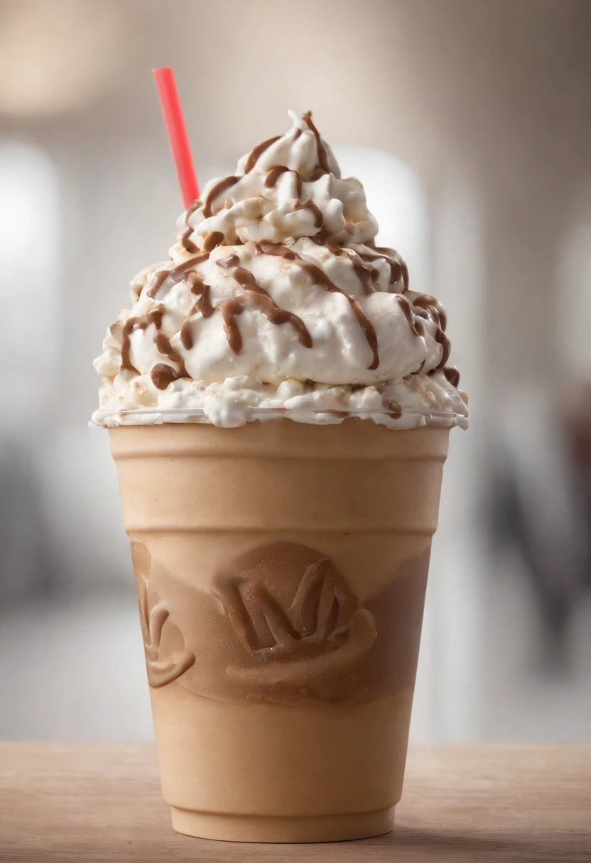 Um McFlurry do McDonald's, with creamy ice cream and irresistible toppings mix, capturado em uma foto promocional, destacando os detalhes intrincados das camadas de sorvete e das coberturas, with HDR effects to enhance colors and create a cinematic atmosphere, editing in Adobe Lightroom to further improve quality, resultando em uma imagem altamente detalhada do McFlurry.