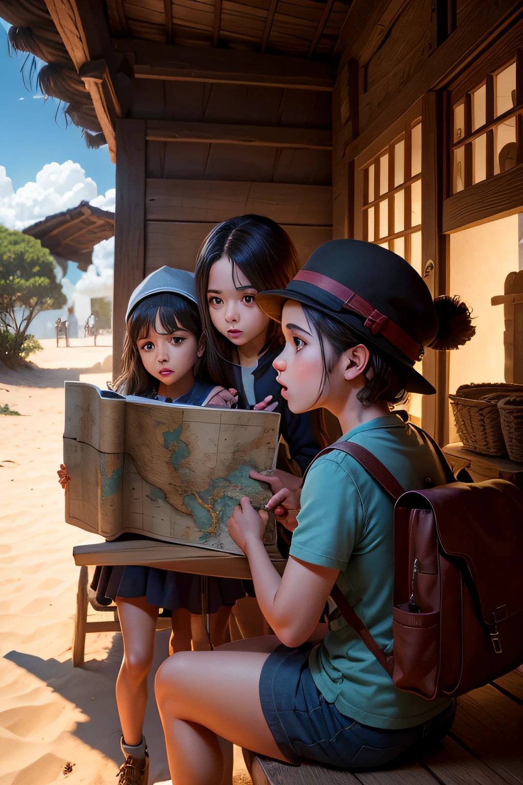 Friends analyze the map with concentration, trying to decipher the mysterious drawings and symbols that point the way to some hidden treasure in the village.
Imagem 5: Pedro, Sofia and Lucas begin to follow the path traced by the map, adentrando na aldeia encoberta. Eles seguem com passos cautelosos, but full of excitement.
Imagem 6: Os amigos avistam uma pequena cabana no meio da aldeia, with smoke coming out of the chimney. Eles se aproximam com curiosidade, imaginando quem poderia estar ali.