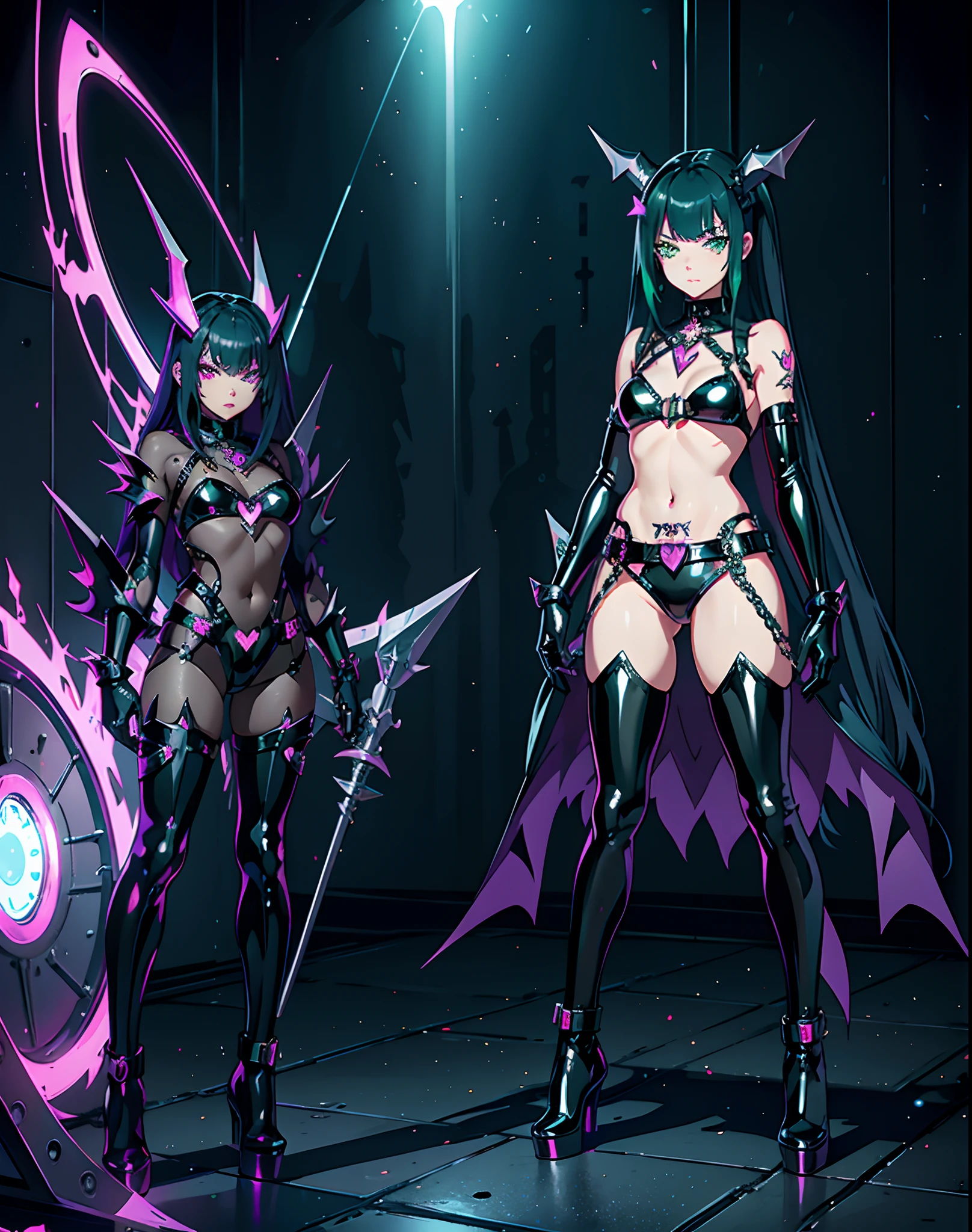 Evil magical girl in exhibitionist costume standing alone. Her outfit consists of latex fabric and transparent tights. She wears sharp black bikini armor. chastity belt. Metal pants.Pants with key. Sharp claws on her fingertips. Heart tattoo around her navel. Green eyes shining with light. Futuristic machine on background