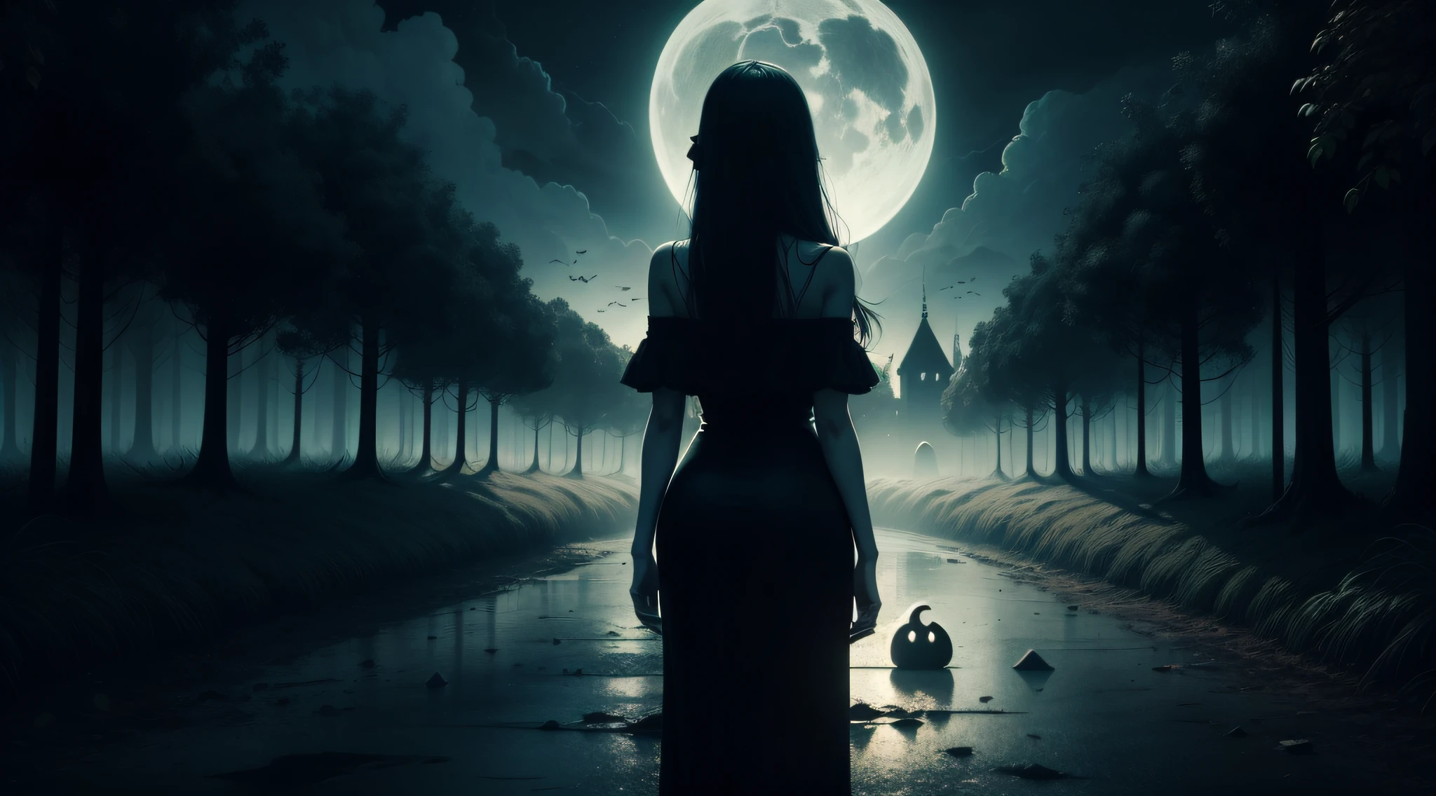 Um banner do YouTube, Spooky Dark Art Horror Scenario, senhora sexy, Landscape, Cidade Noturna, darkeness, obscuro, 4k