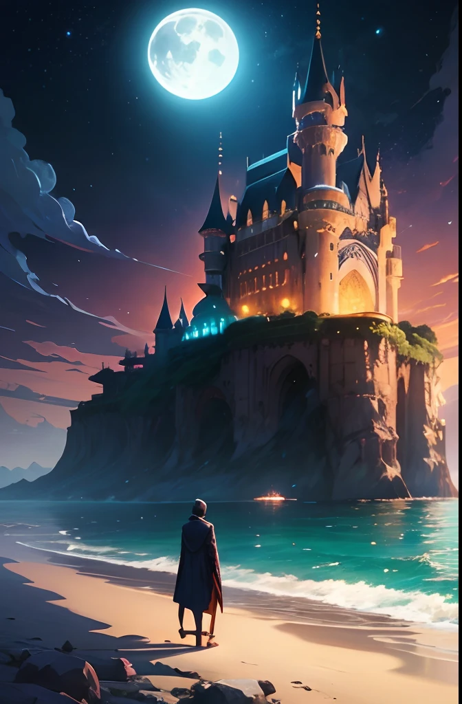 islamic, muslim, moon, anime - style illustration of a man standing on a beach with a castle in the background, makoto shinkai cyril Rolando, in front of a fantasy city, cosmic skies. by Makoto Shinkai, anime fantasy illustration, a beautiful artwork illustration, tranquility of the endless stars, magical concept art, ross tran. scenic background, inspired by Andreas Rocha