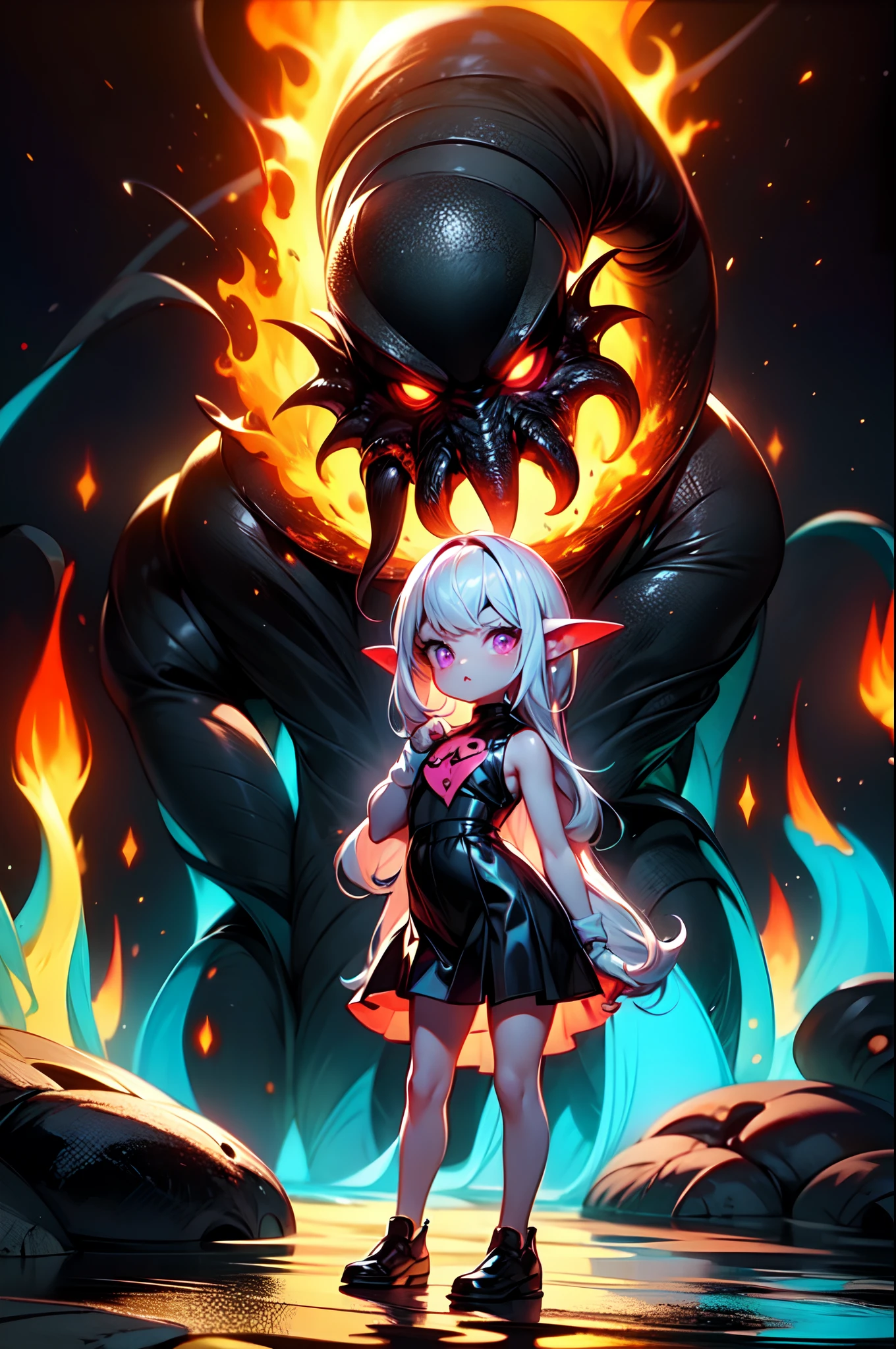 una chica con pelo largo(pelo bioluminiscente)vestido largo parada cerca de un portal, el ambiente es caotico, mucho fuego, rios de lava, infernal, portal fluorescente, del otro lado del portal se ve la forma de cthulhu