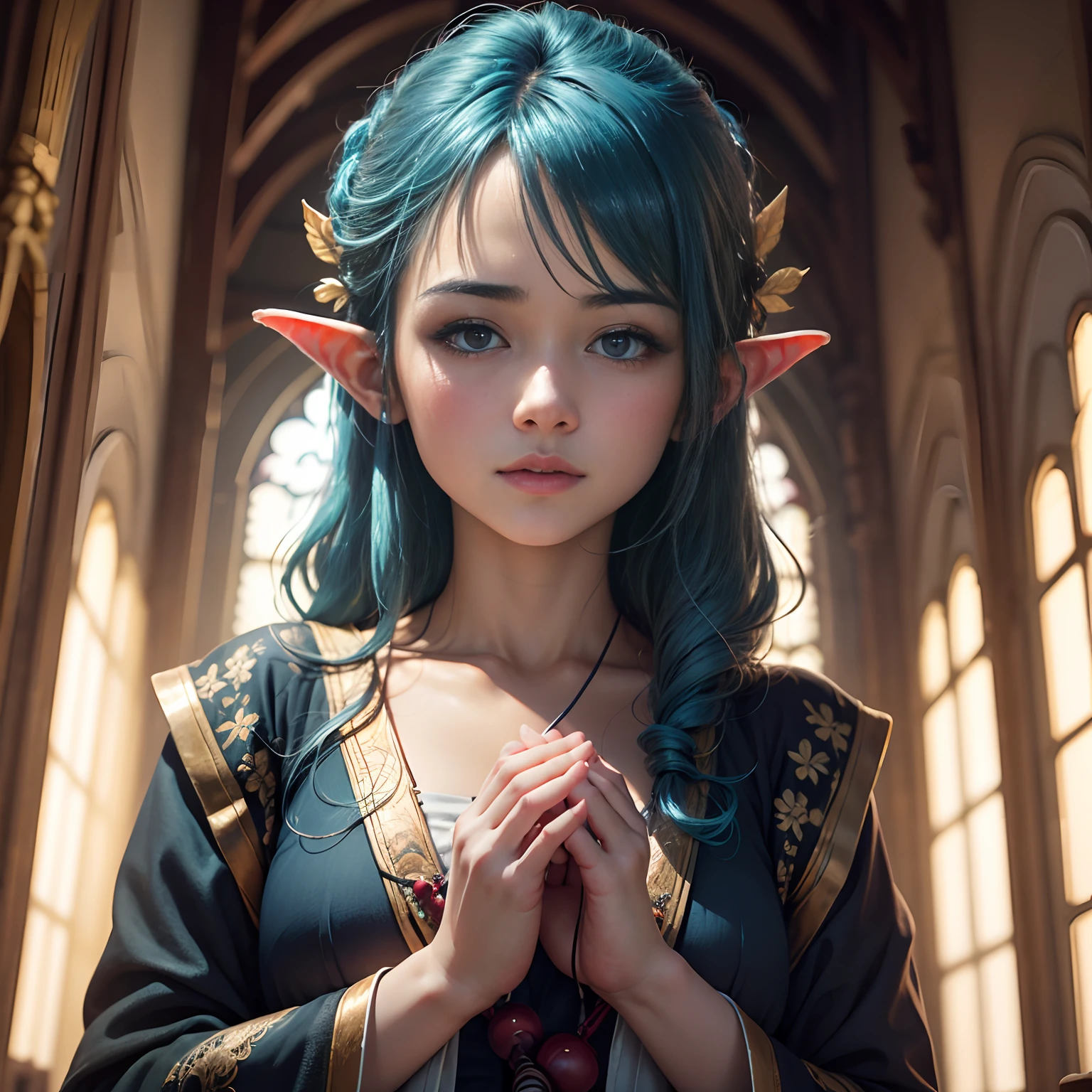 Top resolution, japanese animation, Realistic and delicate oil painting, inside a church, Beautiful blue hair elf girl praying, Her eyes are strange, A little fairy flies around her, Plug-in light hits her、Her appearance is sacred.
