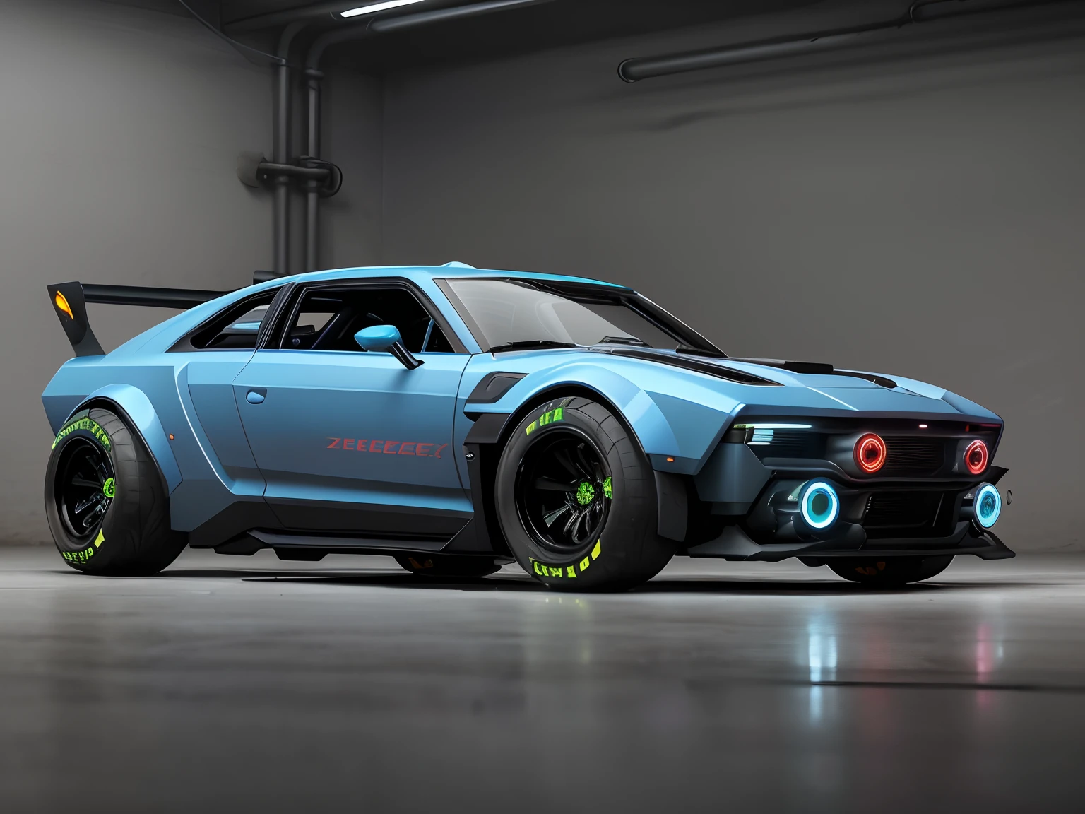a 3/4 front view of ((futuristic cyberpunk hotrod zeekars)) (with glowing tires), at the parking lot,