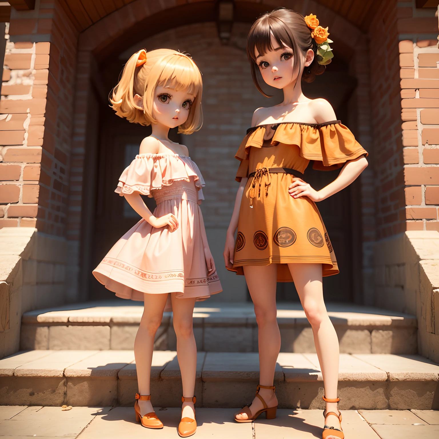 Cute Chibi Anime、(((chibi3d))) (best quality), (masterpiece)、Orange Sauvage Hair、(Brown Jasper Pattern Off Shoulder Dress:1.4)、Put one hand on your hip、Stand with your legs open、Orange heel、Orange shoulder bag、takeout、Long staircase made of brick、Small face、petibody、