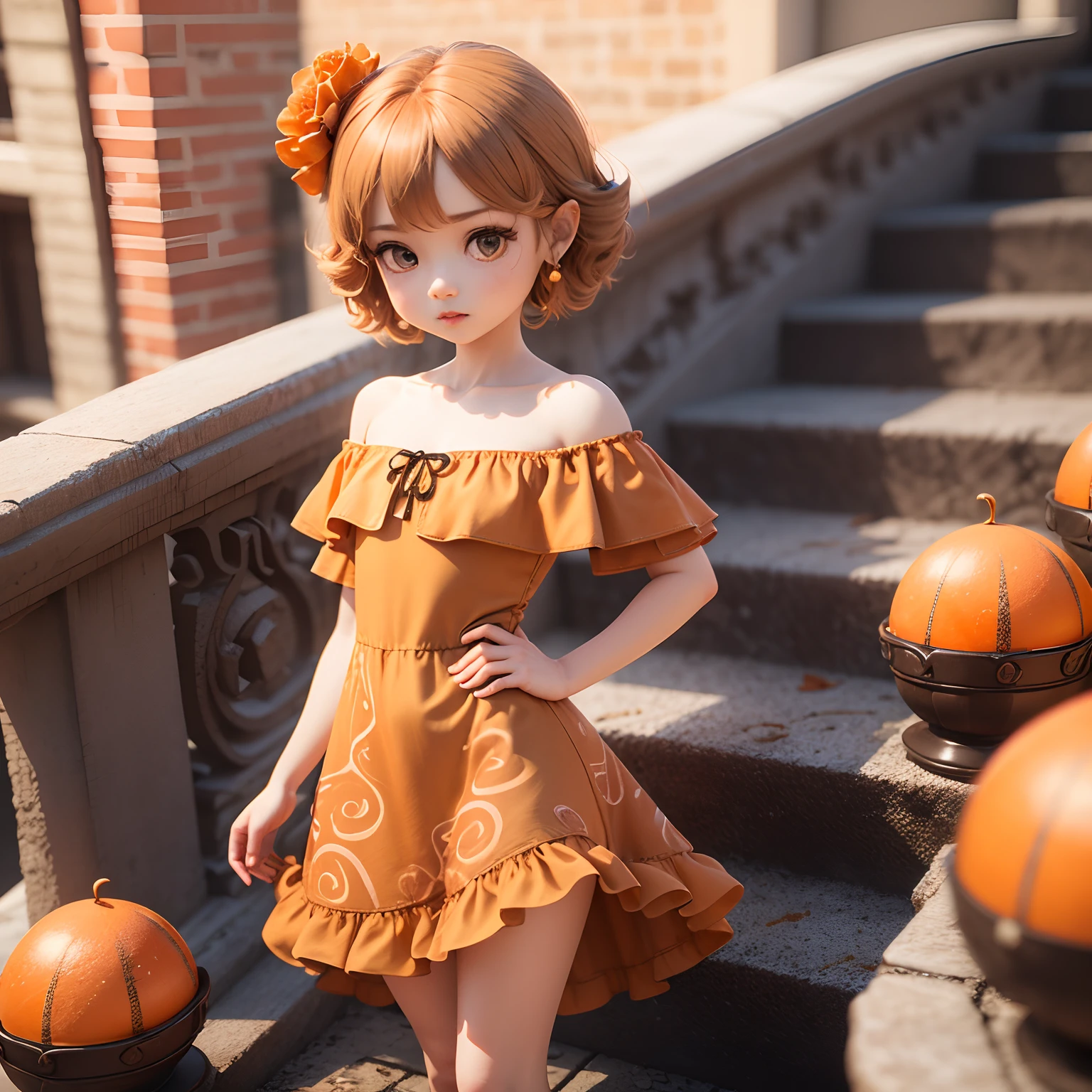 Cute Baby Chibi Anime、(Best Quality),(masutepiece)、Sauvage Hair、(henna-brown jasper pattern off-the-shoulder dress:1.4)、Put one hand on your hip、Stand with your legs open、Brown Heel、Orange shoulder bag、Long brick staircase、a small face、petite body(Chibi:1.2)