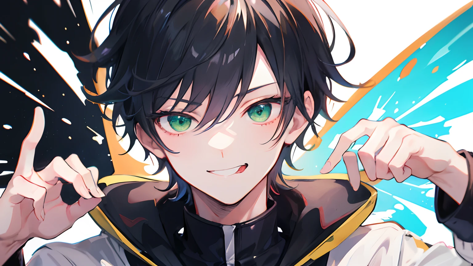 About 20 years old,1 boy,anime art wallpaper 4k, ((High quality)), ((masutepiece)),True green eyes,Mysterious smile, sly,White skin, Black hair, Korean men's hairstyles,Grinning,bad face,Beh,put out the tongue,
piece,