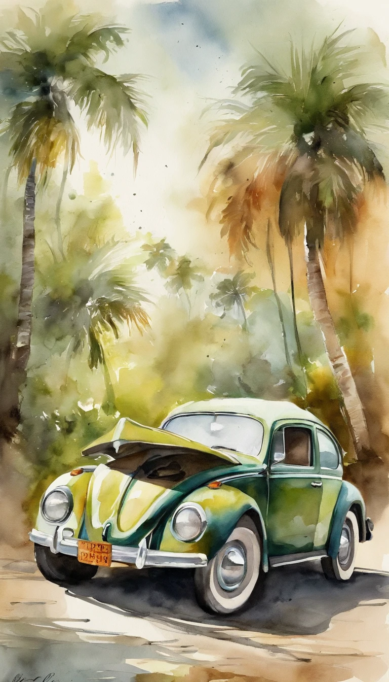 Print an old poster, Adobe Illustrator, Imagen vectorial de un coche verde claro, modelo Volkswagen Beetle 1950, Al borde de una playa en el Caribe, con palmeras, Edificios antiguos de La Habana, ::n_baja calidad, dollface, anime, imperfecto, texto, firma.