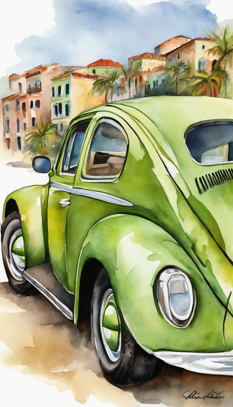 Print an old poster, Adobe Illustrator, Imagen vectorial de un coche verde claro, modelo Volkswagen Beetle 1950, Al borde de una playa en el Caribe, con palmeras, Edificios antiguos de La Habana, ::n_baja calidad, dollface, anime, imperfecto, texto, firma.