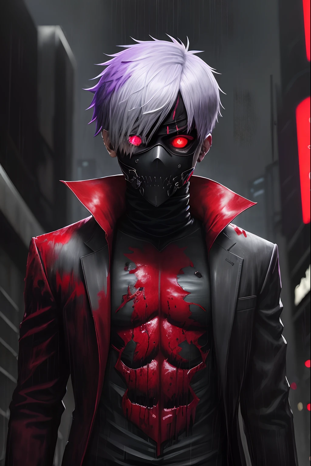 a tortured soul with whiteish-purple hair, red contacts, bandaged face and red and black suit, in a melancholic rainy Tokyo, surrounded by blood-soaked streets and dark skyscrapers, lit by neon lights, with a black mask and a red eye patch, fighting against ghouls and protecting innocent people, with a tragic past and a resilient spirit, in a dark and gritty art style, with deep and contrasting colors, capturing the despair and determination of Kaneki Ken