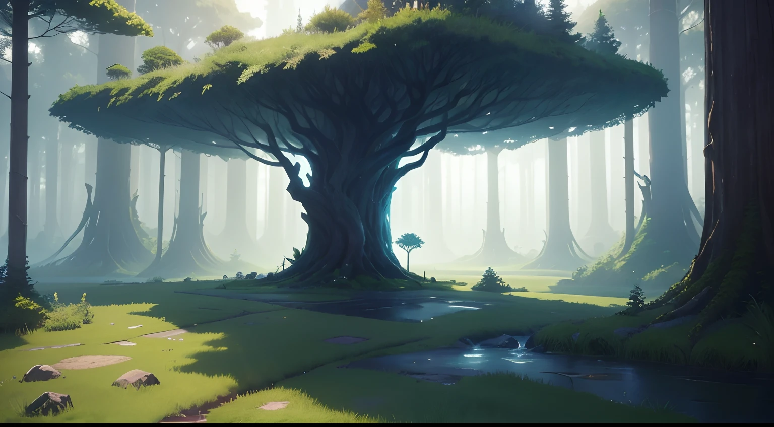 There is a horizontal platform of a mystical forest in a concept art for a 2D game, arte conceitual, paisagem horizonal, jogo de plataforma 2d, plataformas :1.2, (obra prima),(melhor qualidade), 8k, luz dinamica, sombras dinamicas, videogame