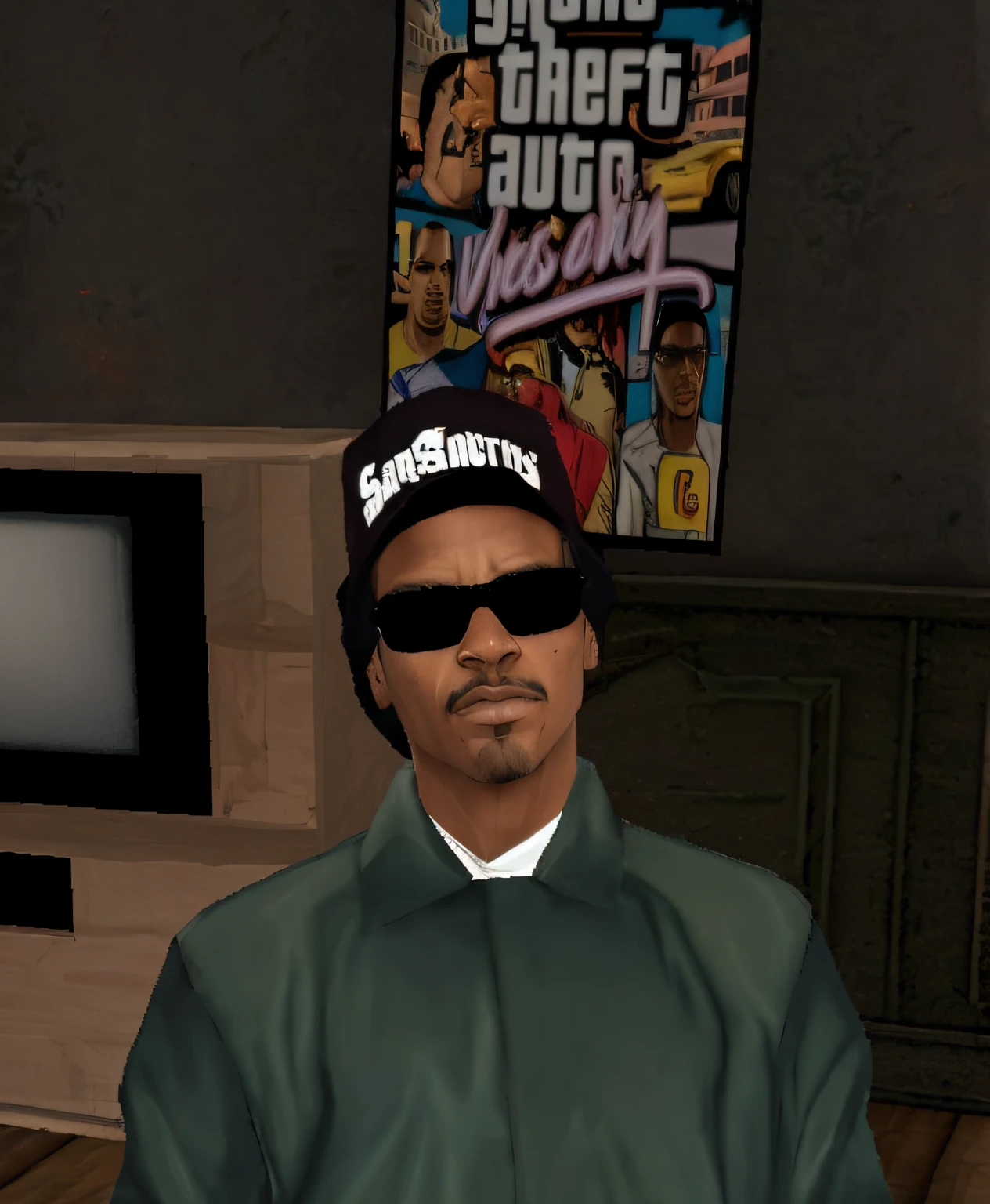 There is a man wearing a hat and sunglasses in a room, em GTA San Andreas, Snoop GTA v, em Gta vice city, Gta vice estilo da cidade, GTA San Andreas, with rap cap on head, Gta artstyle, Gta personagem, estilo Gta, Gta 6 estilo, wearing sunglasses and a cap, Barack Obama em GTA v, Gta, Realista