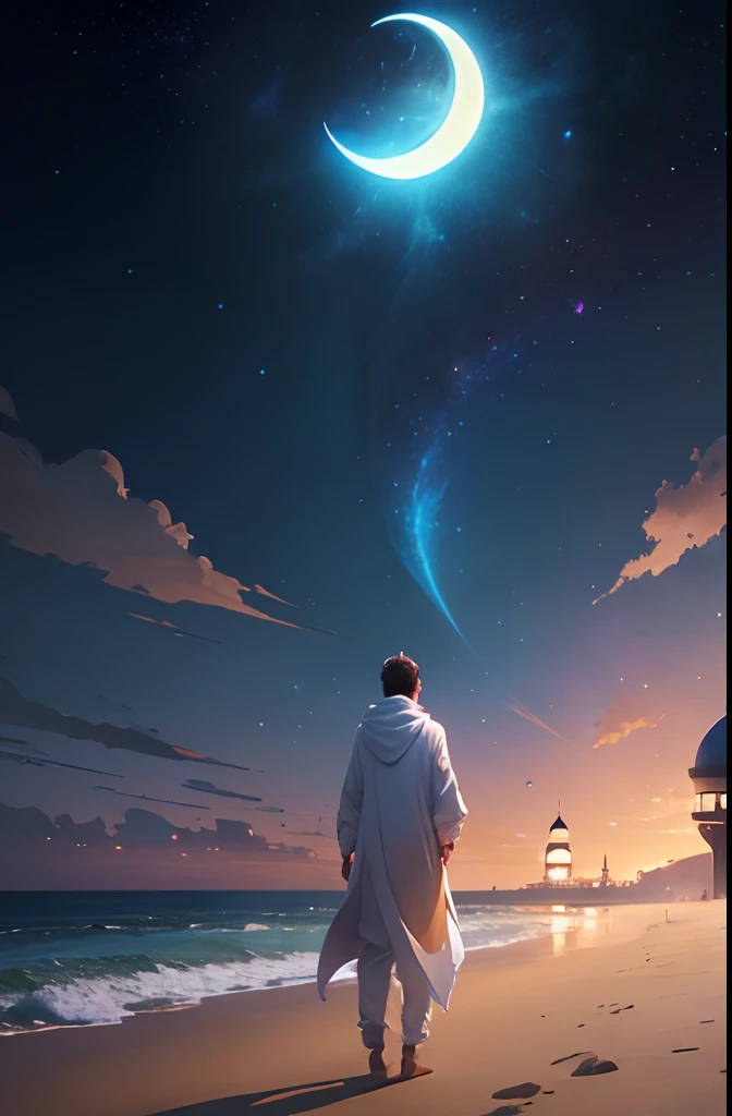 islamic, muslim, moon, anime - style illustration of a man standing on a beach with a mosque in the background, makoto shinkai cyril Rolando, cosmic skies. by Makoto Shinkai, anime fantasy illustration, a beautiful artwork illustration, tranquility of the endless stars, magical concept art, ross tran. scenic background, inspired by Andreas Rocha