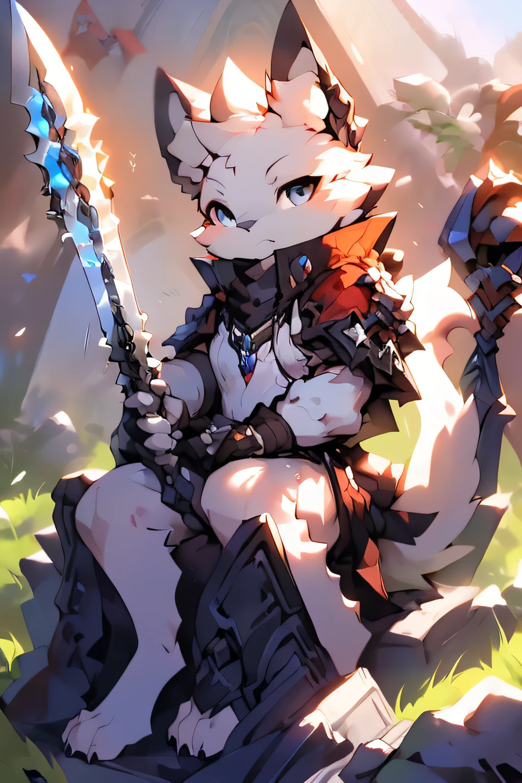 Black and white fur, light armor, stone throne and shining sword.