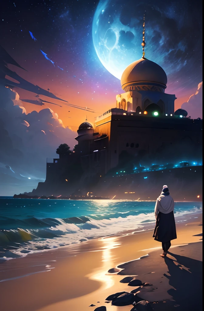 islamic, muslim, moon, anime - style illustration of a man standing on a beach with a mosque in the background, makoto shinkai cyril Rolando, cosmic skies. by Makoto Shinkai, anime fantasy illustration, a beautiful artwork illustration, tranquility of the endless stars, magical concept art, ross tran. scenic background, inspired by Andreas Rocha