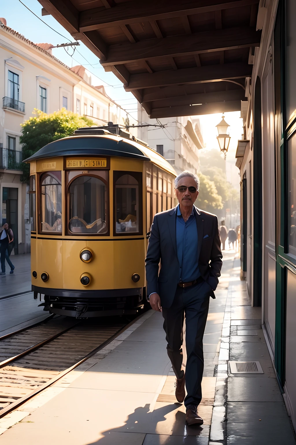 obra prima、qualidade superior、morning、passear。homem 40 anos em tronco nu、desenhos requintados e detalhados, yellow tram in the city of Lisbon, ensolarado, rico, elegante, opulento, Abstrato da rua de Lisboa, com luz brilhante、felicidade、Cool morning sun、(spark:0.7) 、passear、Paisagens