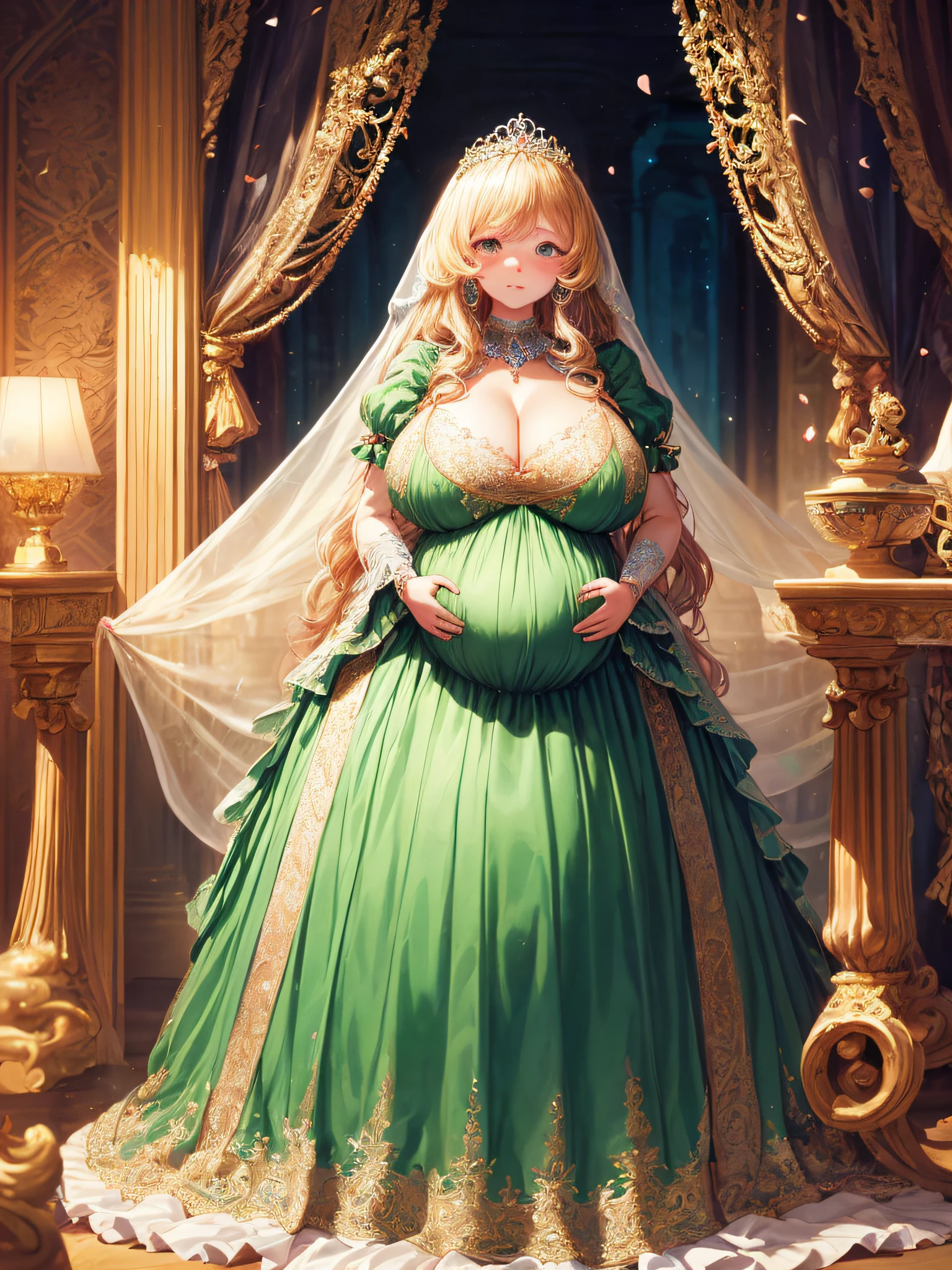 (masterpiece, best quality,extremely detailed:1.1),(moe anime art style:1.2),1girl,((full body,focus face)),((solo)), cute, kawaii,digital art,((1 bling-bling pregnant princess wearing beautiful embroidery and jeweled gorgeous rococo ballgown with jeweled voluminous full length hoop skirt)),(((heavily pregnant))),very big pregnant belly,((crinoline)),long train,voluminous frills,See-through,(gorgeous embroidery and beautiful lace),((very gigantic boobs,skindentation)),cleavage,shiny hair,(((very long hair,very long straight hair))),((embarrassed)),anguish,((finely detailed face and eyes)),clear pupil,extremely gorgeousfull hair ornament,(bling-bling jeweled extremely gorgeousfull tiara),(bling-bling gorgeous gemstone jewelry),long veil,(beautiful background),fantasy background,flowers,flower petals flowing,full body,((beautiful embroidery and jeweled ruffled gorgeous rococo ballgown with voluminous full length hoop skirt))